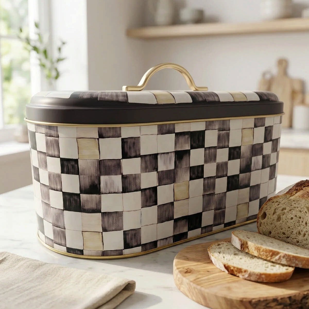 Black Checkers Oval Metal Ekmek Kutusu - 7 Litre / 17,8 x 33,8 x 15,2 cm — Ekmeklik — görsel 5 / 5 — Tinbox