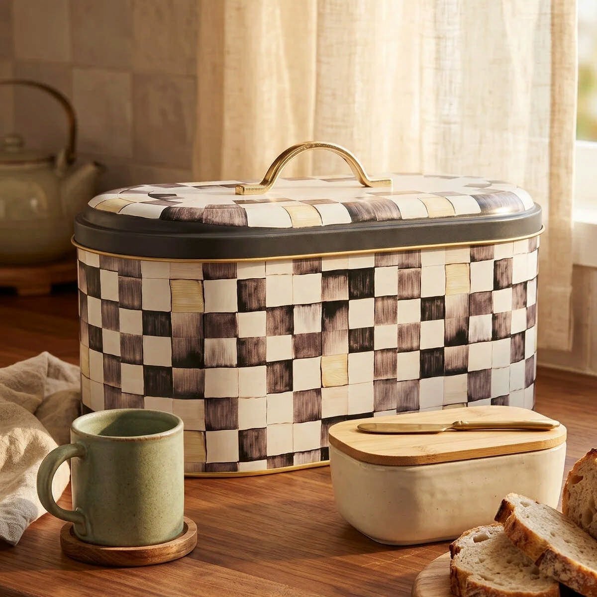 Black Checkers Oval Metal Ekmek Kutusu - 7 Litre / 17,8 x 33,8 x 15,2 cm — Ekmeklik — görsel 2 / 5 — Tinbox