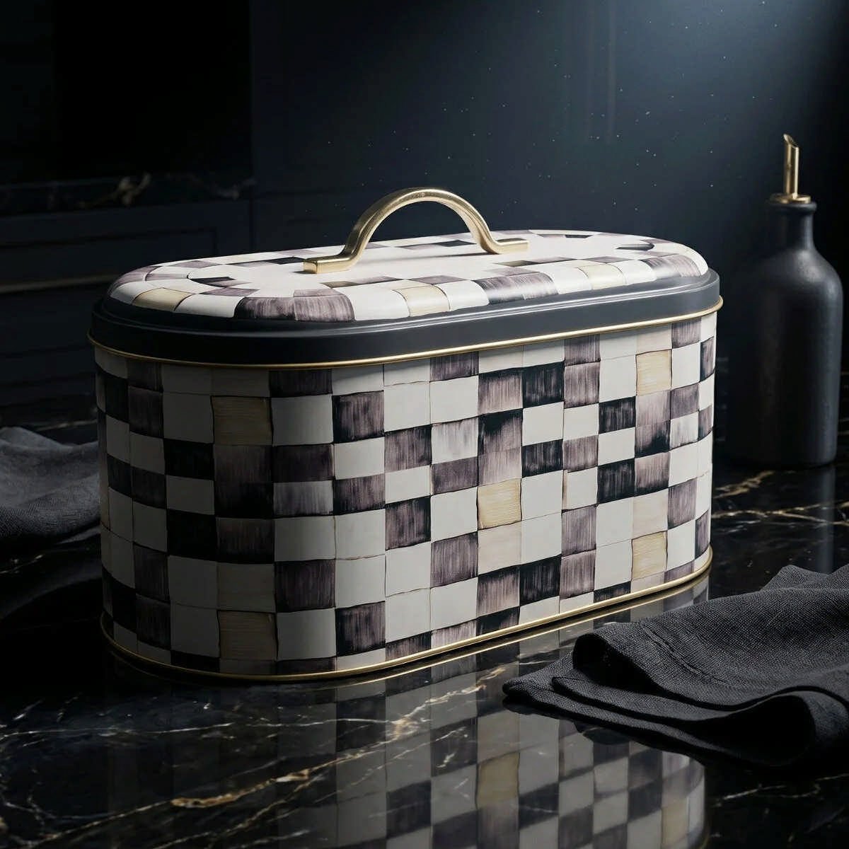 Black Checkers Oval Metal Ekmek Kutusu - 7 Litre / 17,8 x 33,8 x 15,2 cm — Ekmeklik — görsel 3 / 5 — Tinbox