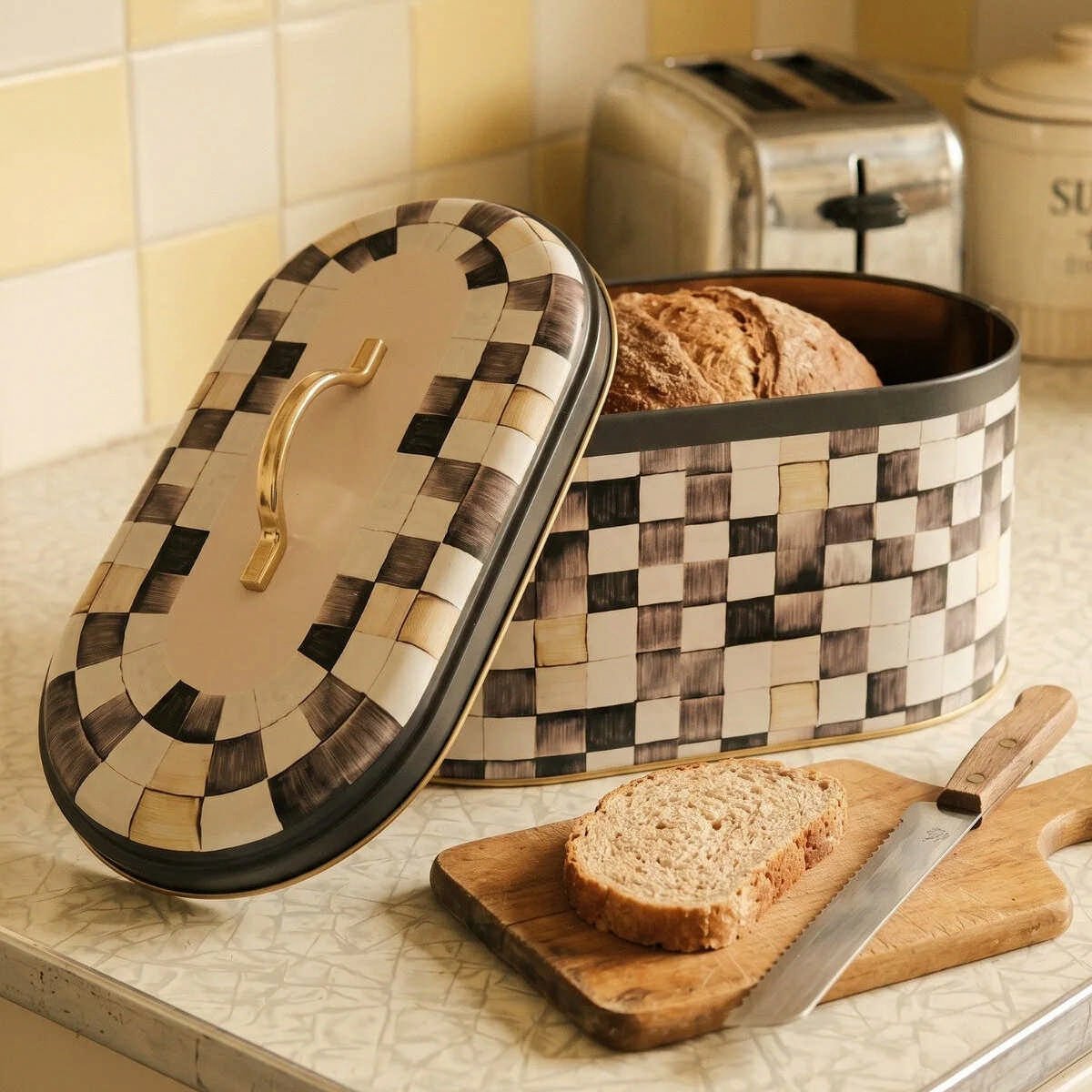 Black Checkers Oval Metal Ekmek Kutusu - 7 Litre / 17,8 x 33,8 x 15,2 cm — Ekmeklik — görsel 1 / 5 — Tinbox