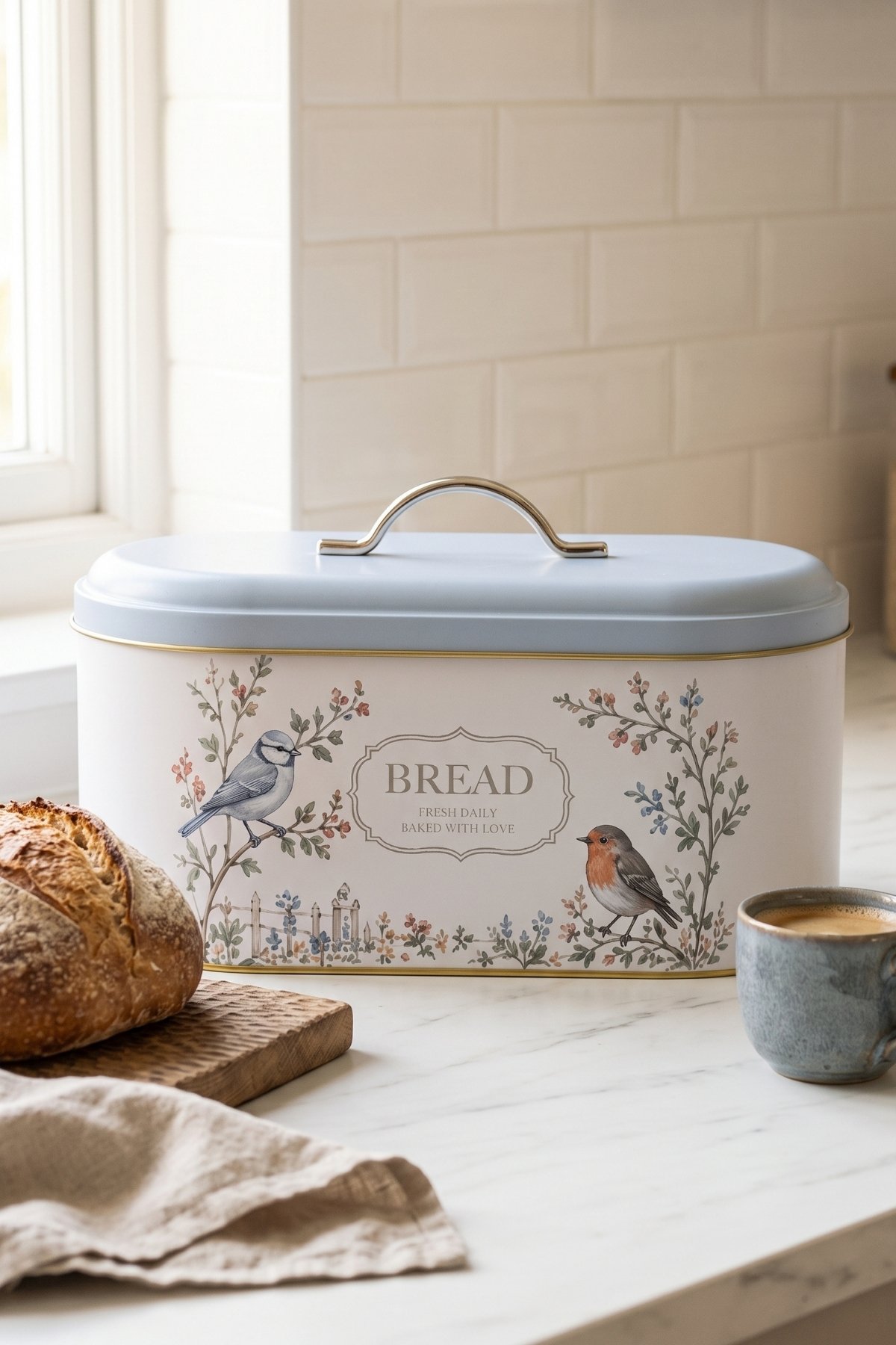 Oval Metal Ekmek Kutusu 7 Litre, 17.8 x 33.8 x 15.2 cm — Spring Birds — Ekmeklik — Tinbox