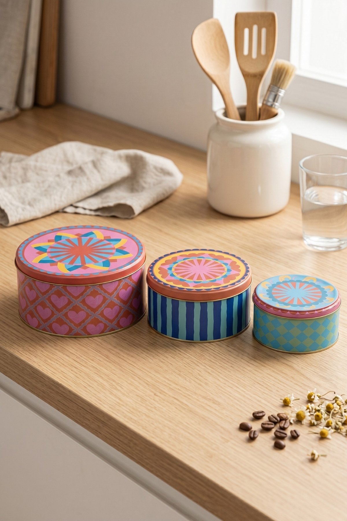 Silindir Saklama Kabı 3 lü Set Ø215, Ø175, Ø140, Candy Kisses — Kutu Setleri — Tinbox