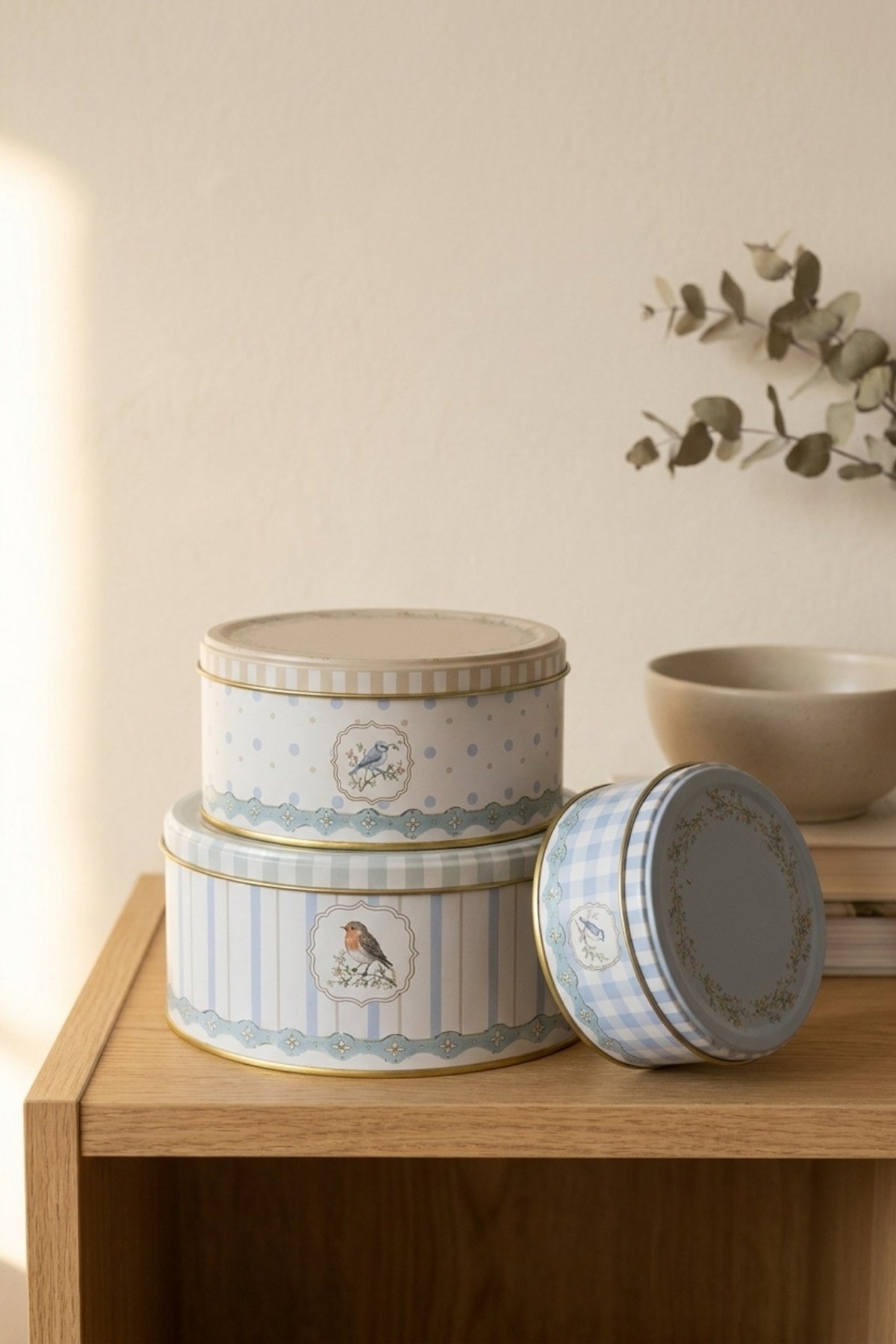 Silindir 3 lü Set Ø215_Ø175_Ø140/Spring Birds — Potato Onion Garlic Storage Containers — Tinbox