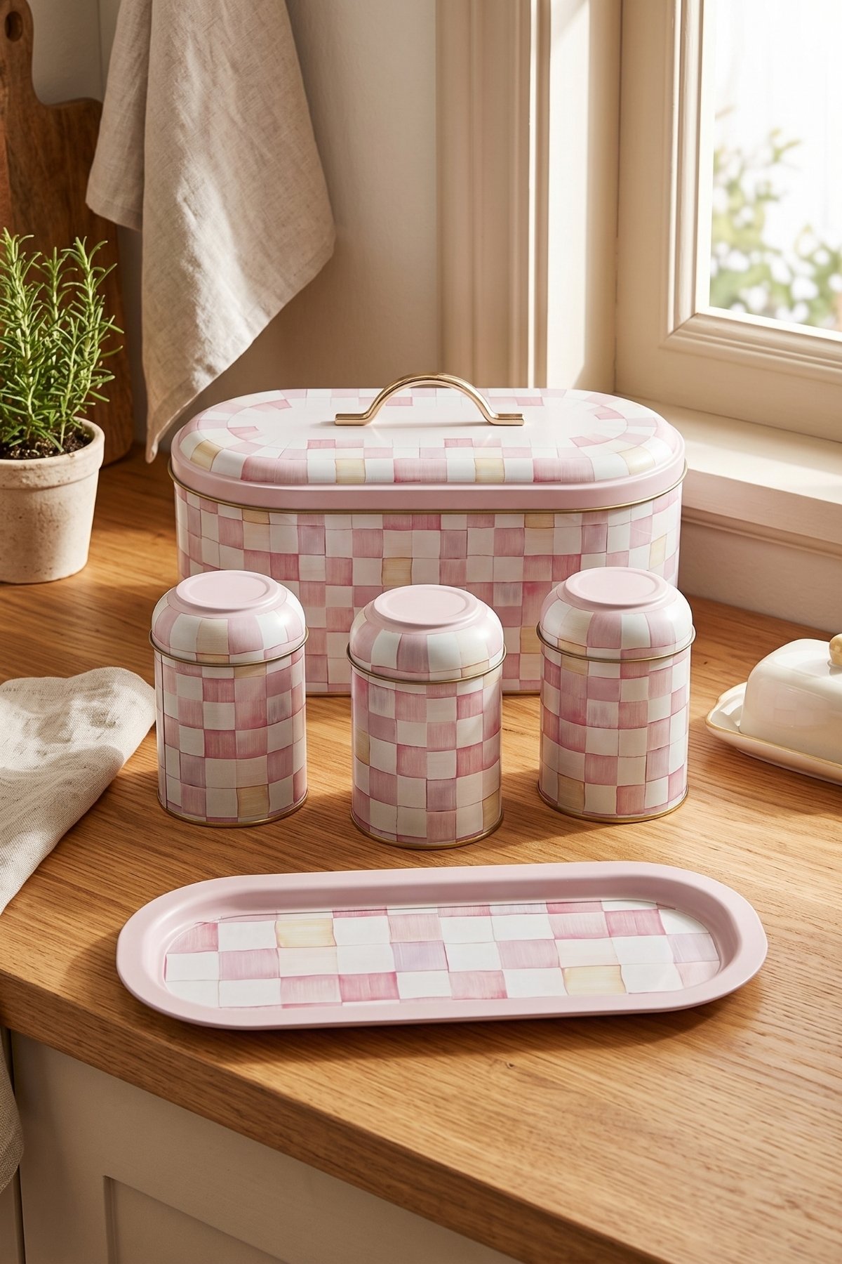 Yeni Oval Ekmeklik Full Filment Set, Pink Checkers