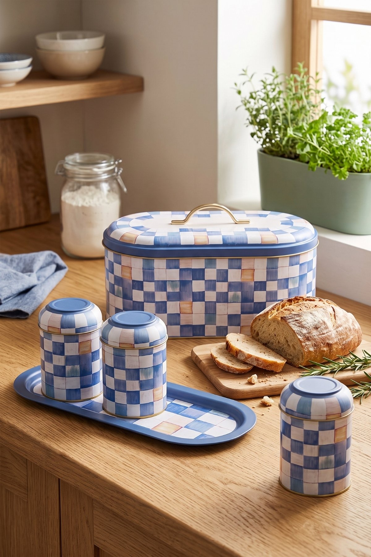 Yeni Oval Ekmeklik Full Filment Set, Blue Checkers — Kutu Setleri — Tinbox