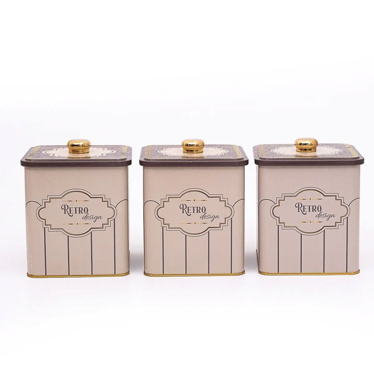 Retro Kare Metal Saklama Kabı Topuz Kulplu 120x120 3'lü Set — Kare Kutular — Tinbox