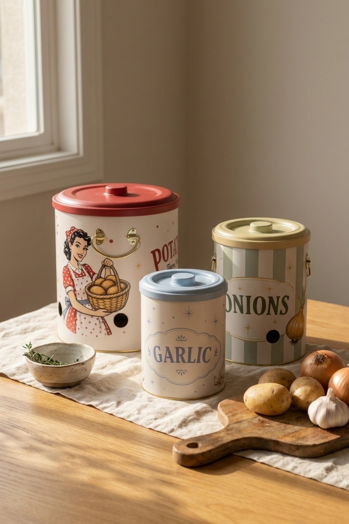 Pat-Soğan-Sarımsak 3 lü Set/Retro American — Patates Soğan ve Sarımsak Saklama Kabı — görsel 2 / 2 — Tinbox