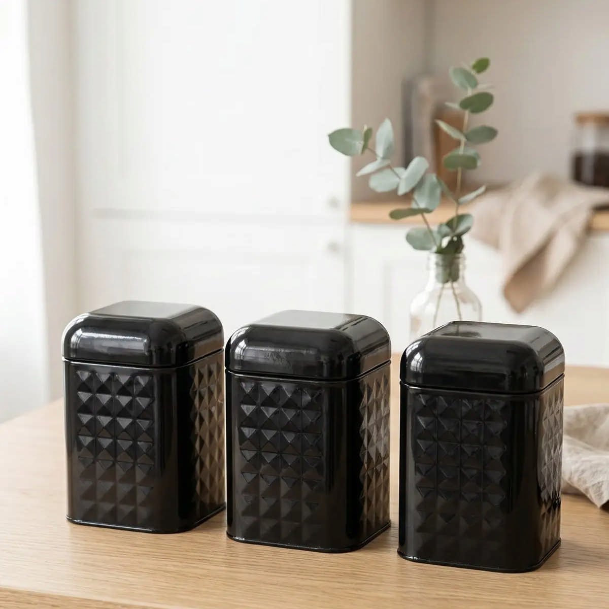 Siyah Toz Boyalı Prizma Desenli Kare Metal Saklama Kabı 3'lü Set - 1.3 Lt / 108x108x118 mm — Kare Kutular — görsel 1 / 5 —…