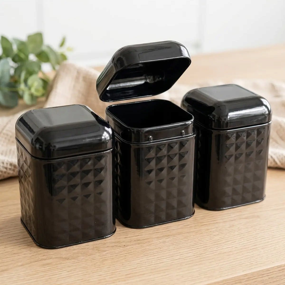 Siyah Toz Boyalı Prizma Desenli Kare Metal Saklama Kabı 3'lü Set - 1.3 Lt / 108x108x118 mm — Kare Kutular — görsel 5 / 5 —…