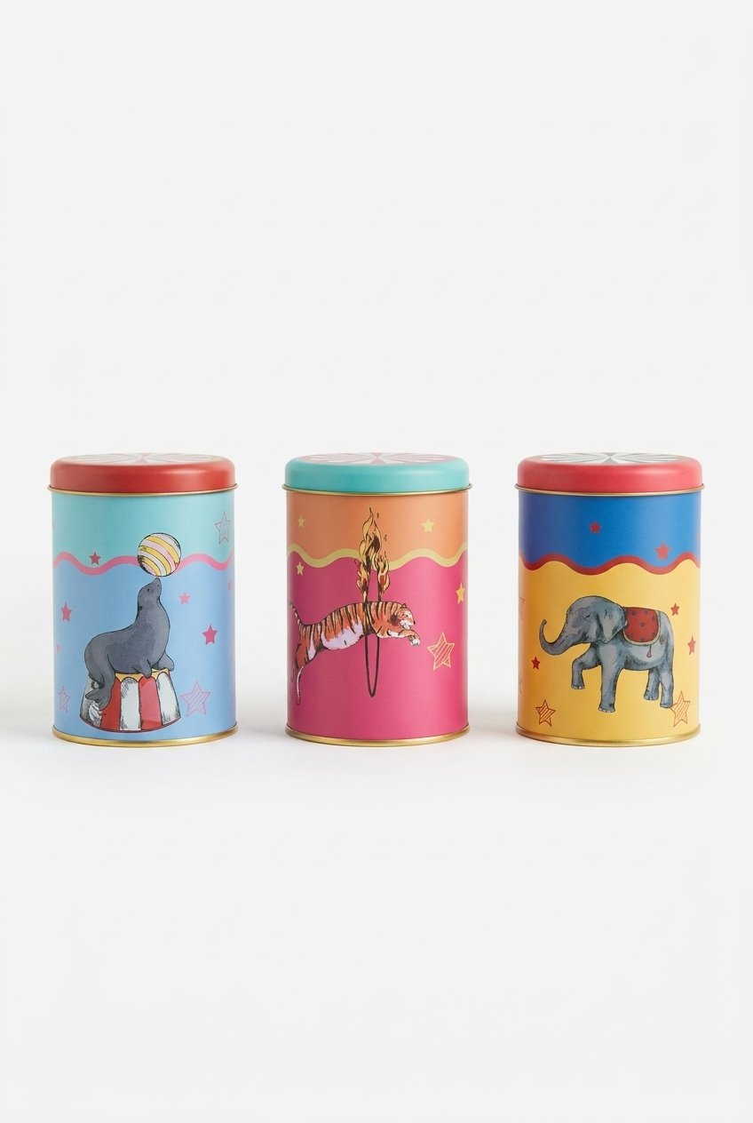 3 Parça Yuvarlak Metal Dekoratif Kutu 9 cm x 14 cm / Carnival Nights — Yeni Ürünler (Taslak) — Tinbox