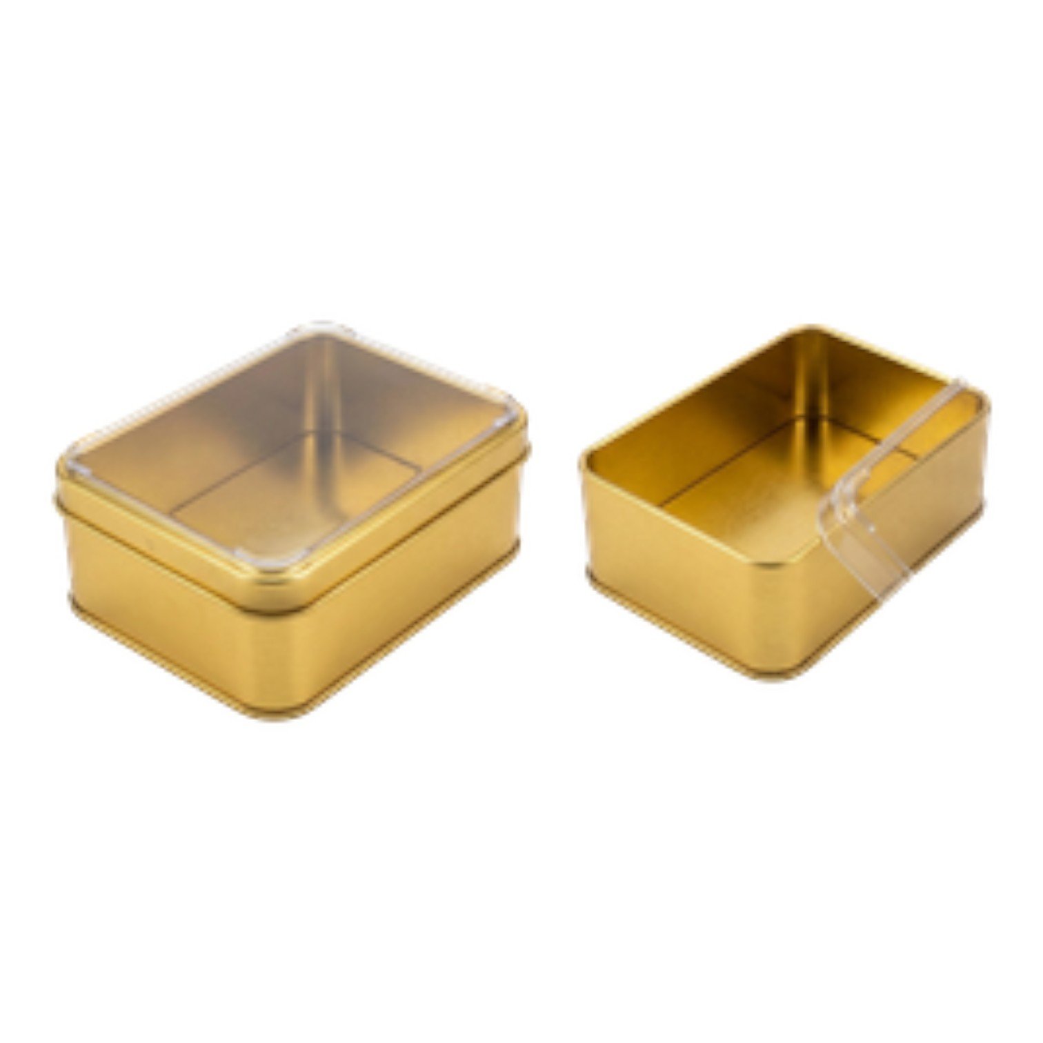 Gold Dikdörtgen Metal Kutu | Kristal Kapaklı, Özel Baskılı (75x100x36 mm) — UV Baskı Kutular — Tinbox