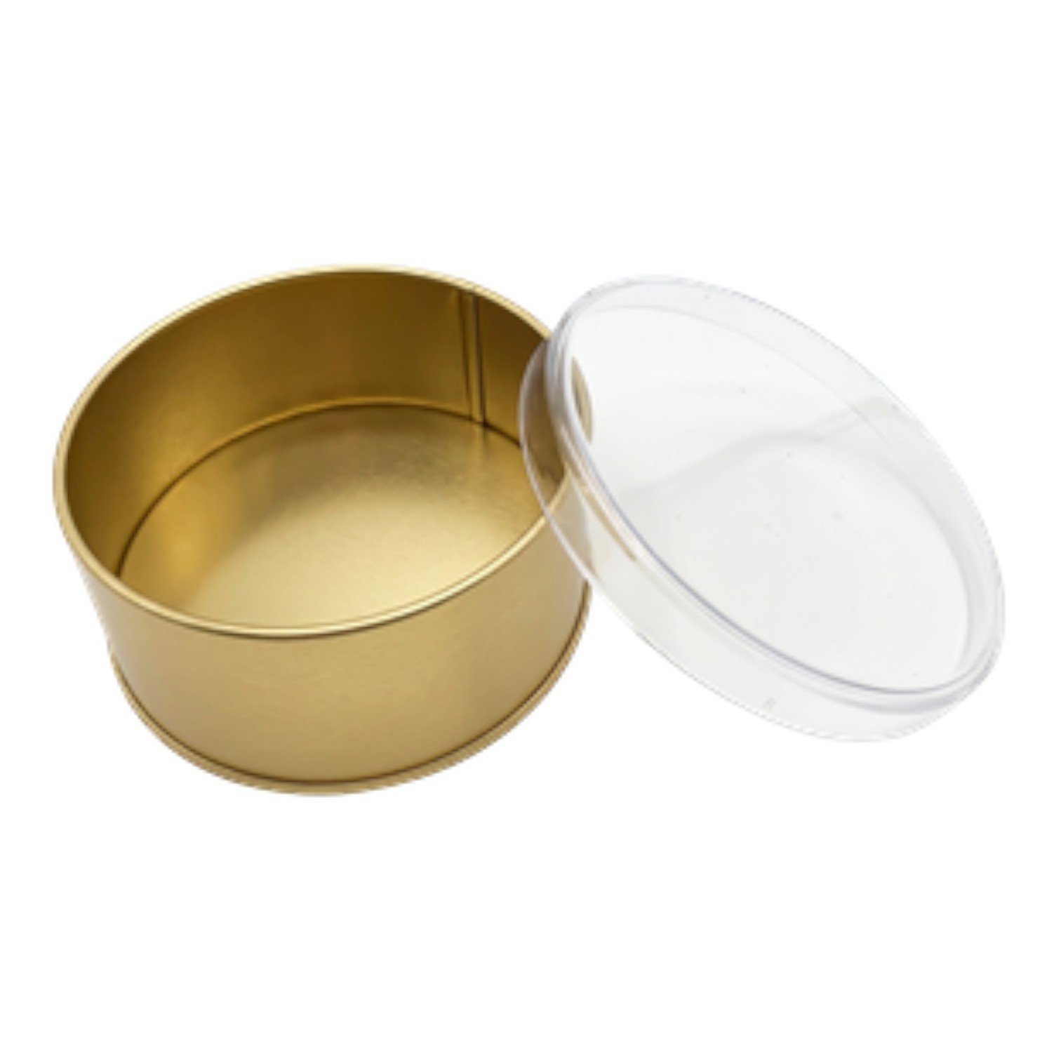 Gold Yuvarlak Metal Kutu | Şeffaf Kapaklı, Özel Baskılı (99x36 mm) — UV Baskı Kutular — Tinbox