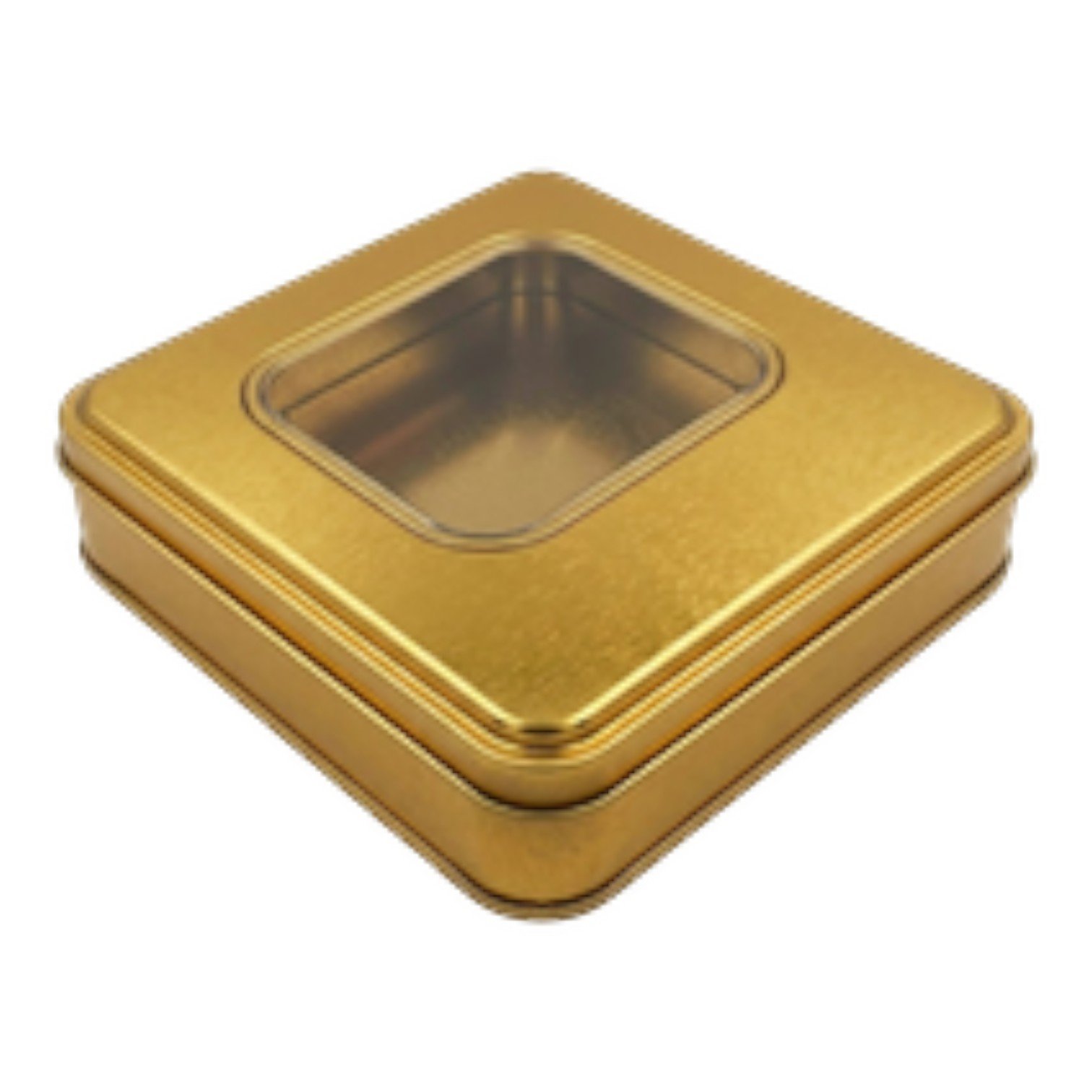 Gold Kare Metal Kutu | Pencereli, Özel Baskılı (158x158x40 mm) — UV Baskı Kutular — Tinbox