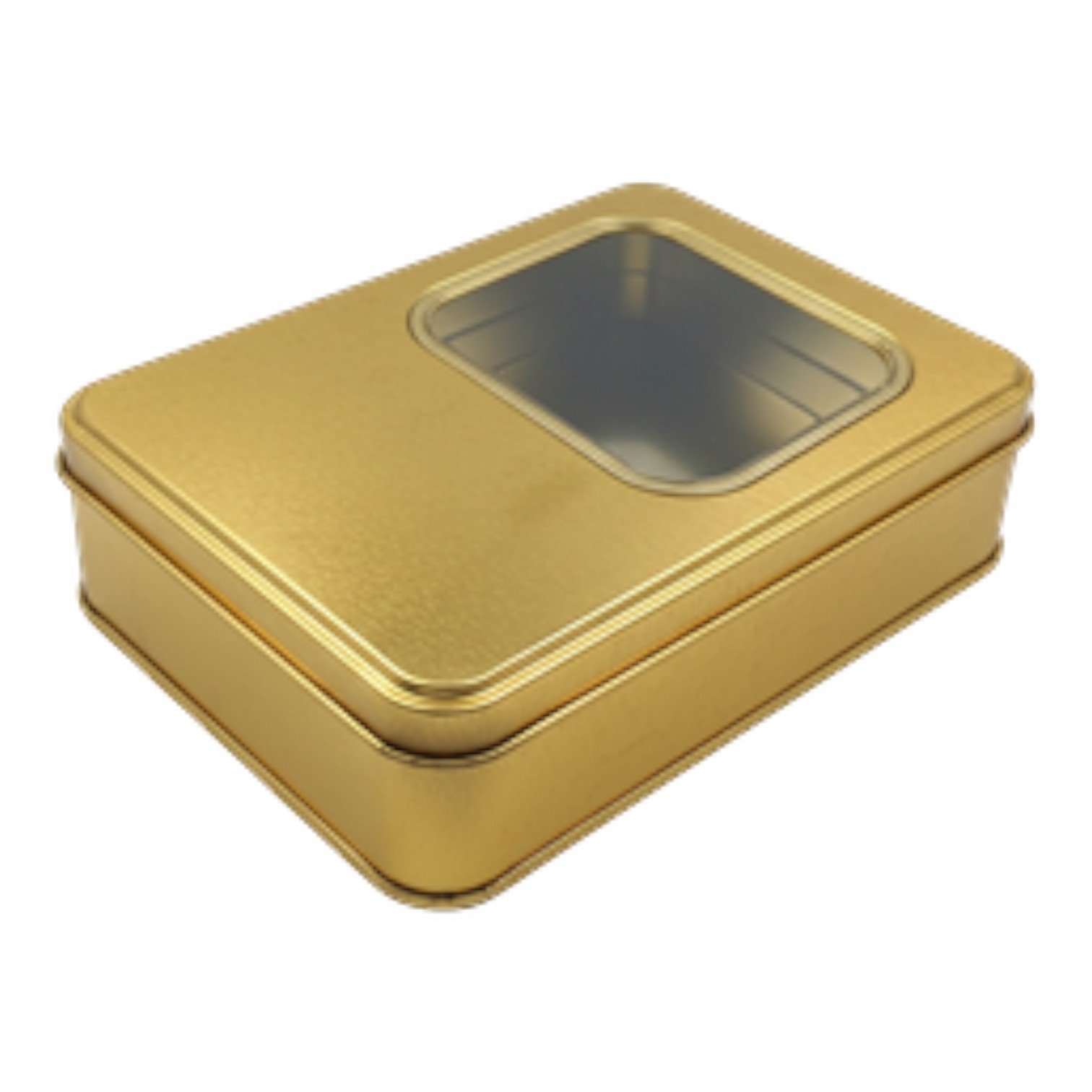 Gold Dikdörtgen Metal Kutu | Pencereli, Özel Baskılı (135x190x47 mm) — UV Baskı Kutular — Tinbox