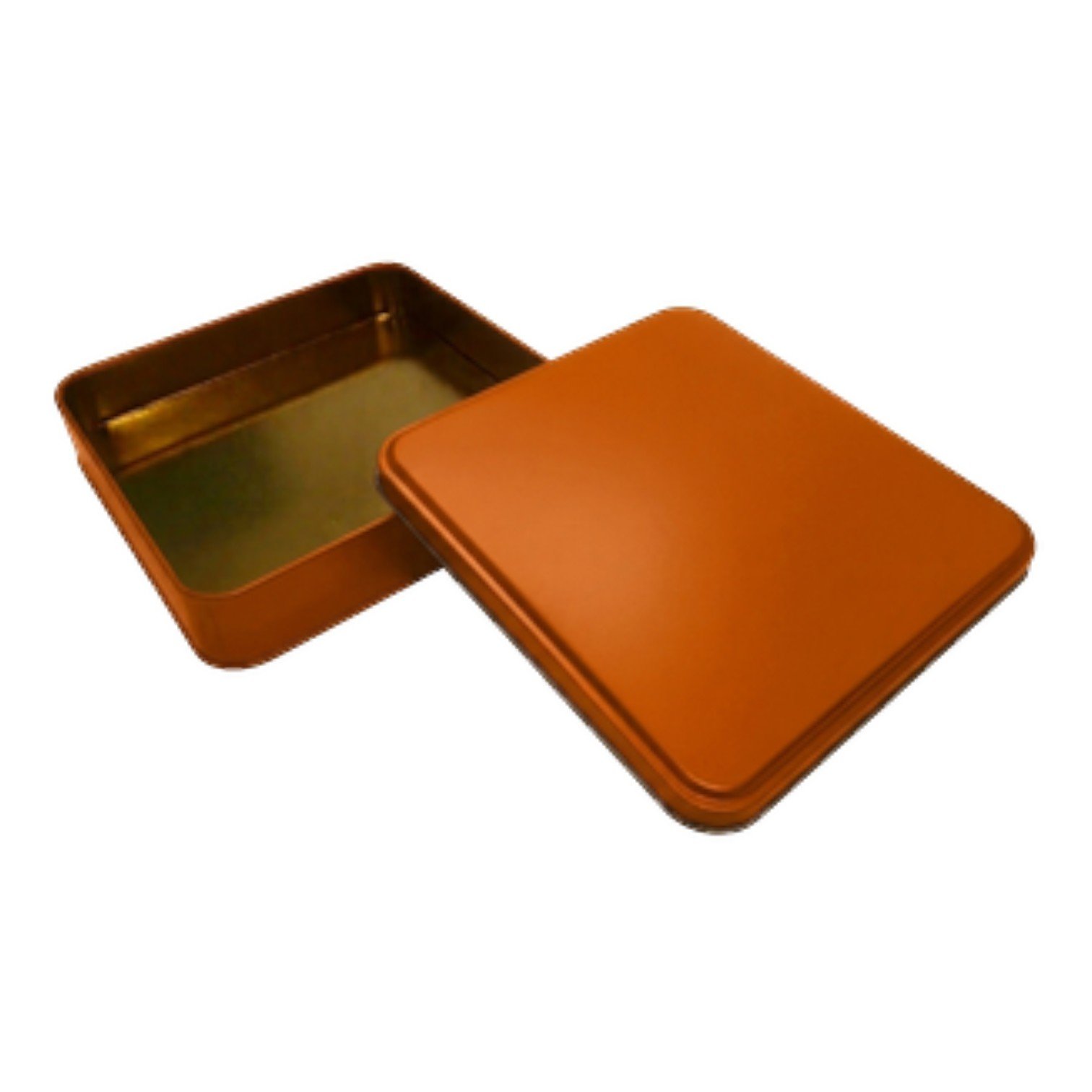 Mat Turuncu Kare Metal Kutu | Özel Baskılı (215x215x40 mm) — UV Baskı Kutular — Tinbox