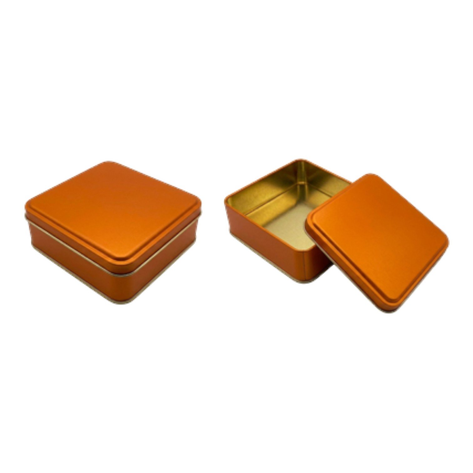 Mat Turuncu Kare Metal Kutu | Özel Baskılı (120x120x40 mm) — UV Baskı Kutular — Tinbox