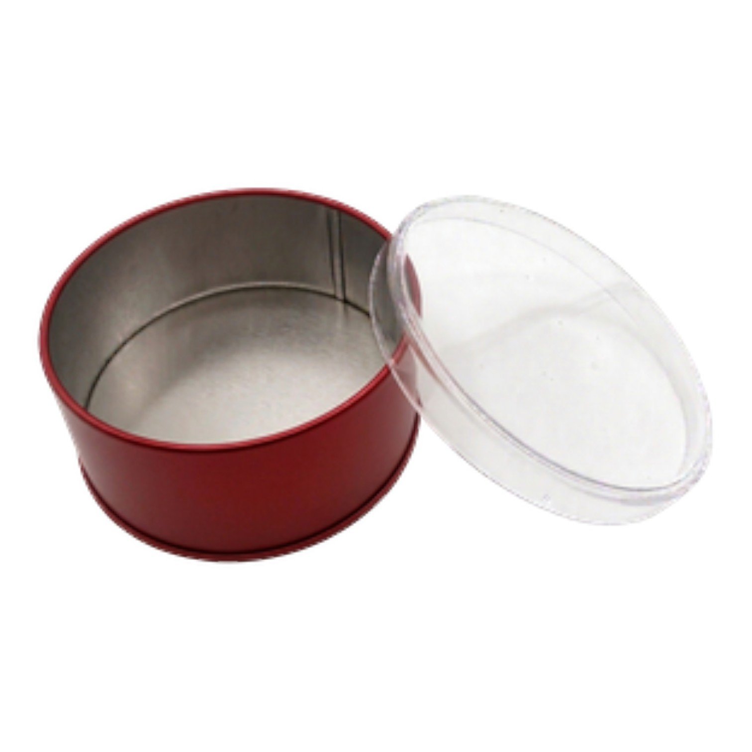 Mat Kırmızı Yuvarlak Metal Kutu | Şeffaf Kapaklı, Özel Baskılı (99x36 mm) — UV Baskı Kutular — Tinbox