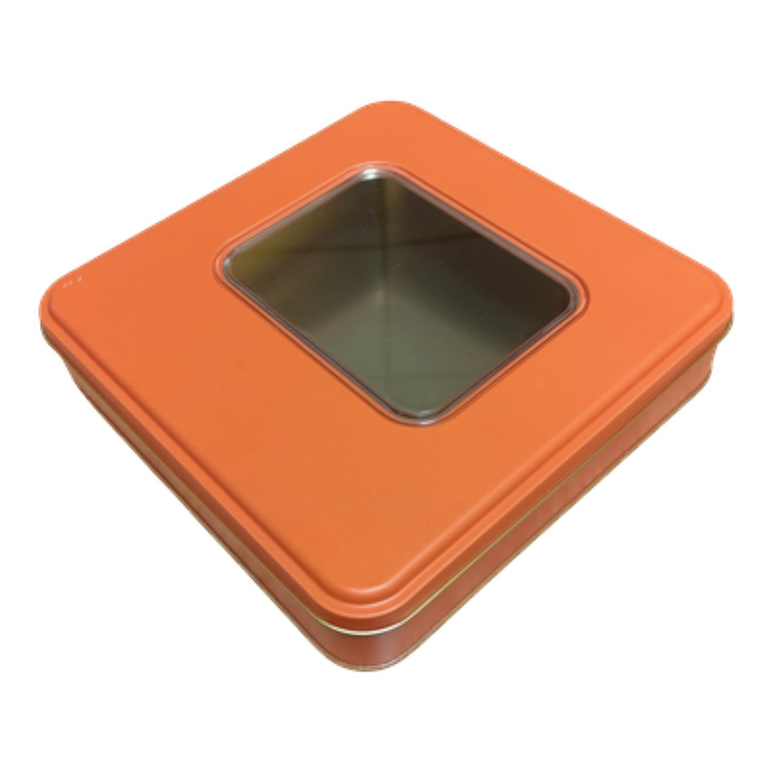 Mat Turuncu Kare Metal Kutu | Pencereli, Özel Baskılı (215x215x40 mm) — UV Baskı Kutular — Tinbox
