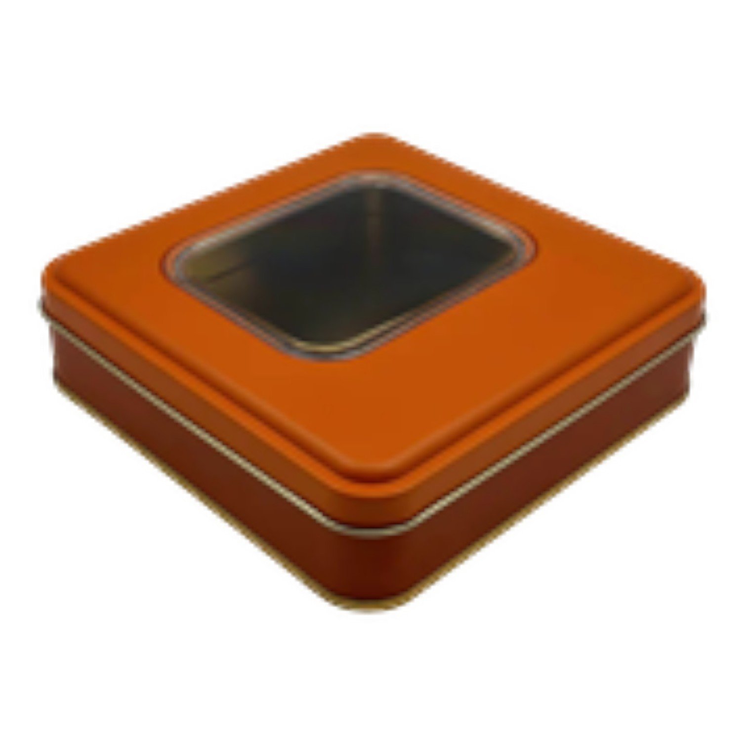 Mat Turuncu Kare Metal Kutu | Pencereli, Özel Baskılı (158x158x40 mm) — UV Baskı Kutular — Tinbox