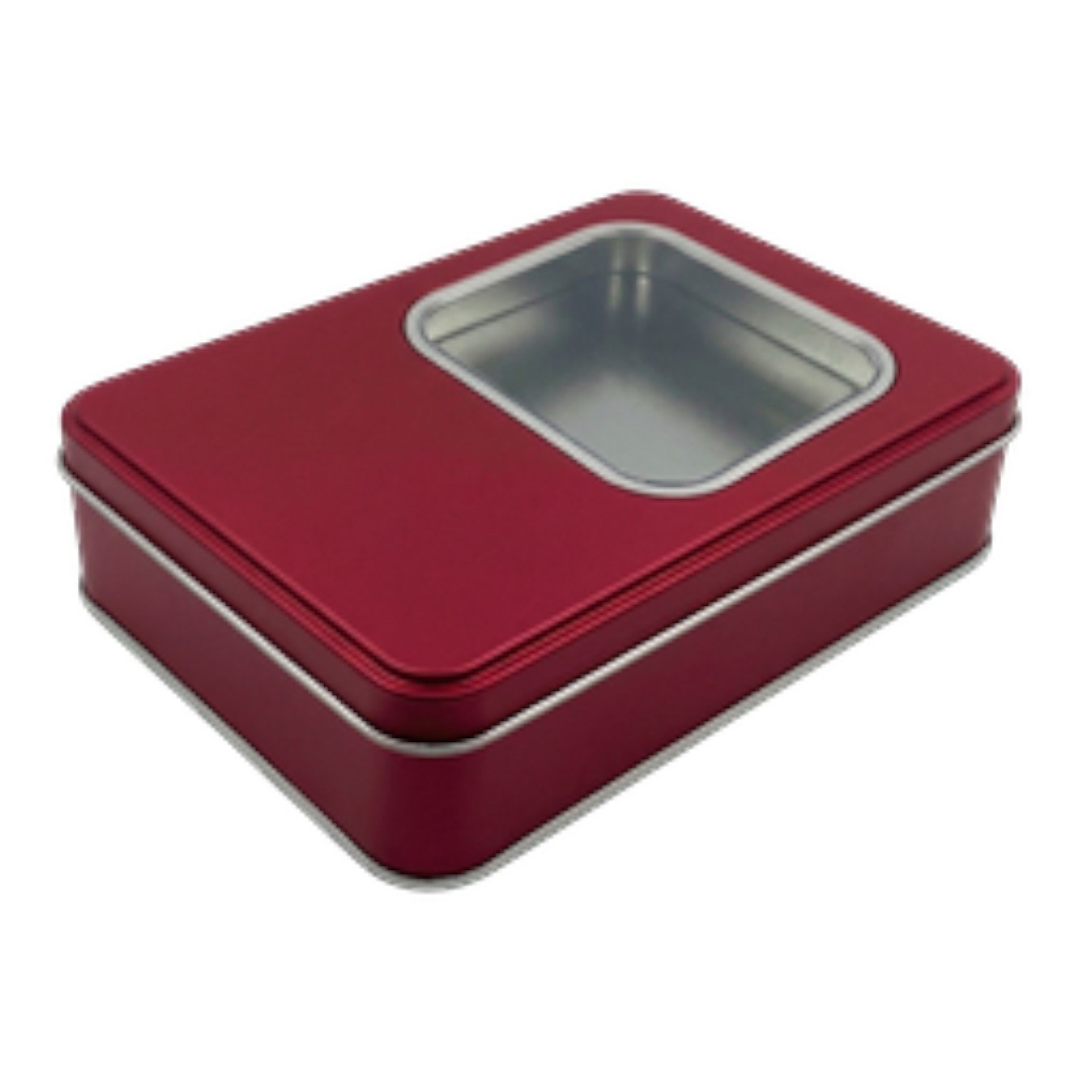 Matte Red Rectangular Metal Tin Box | with Window, Custom Printed (135x190x47 mm)