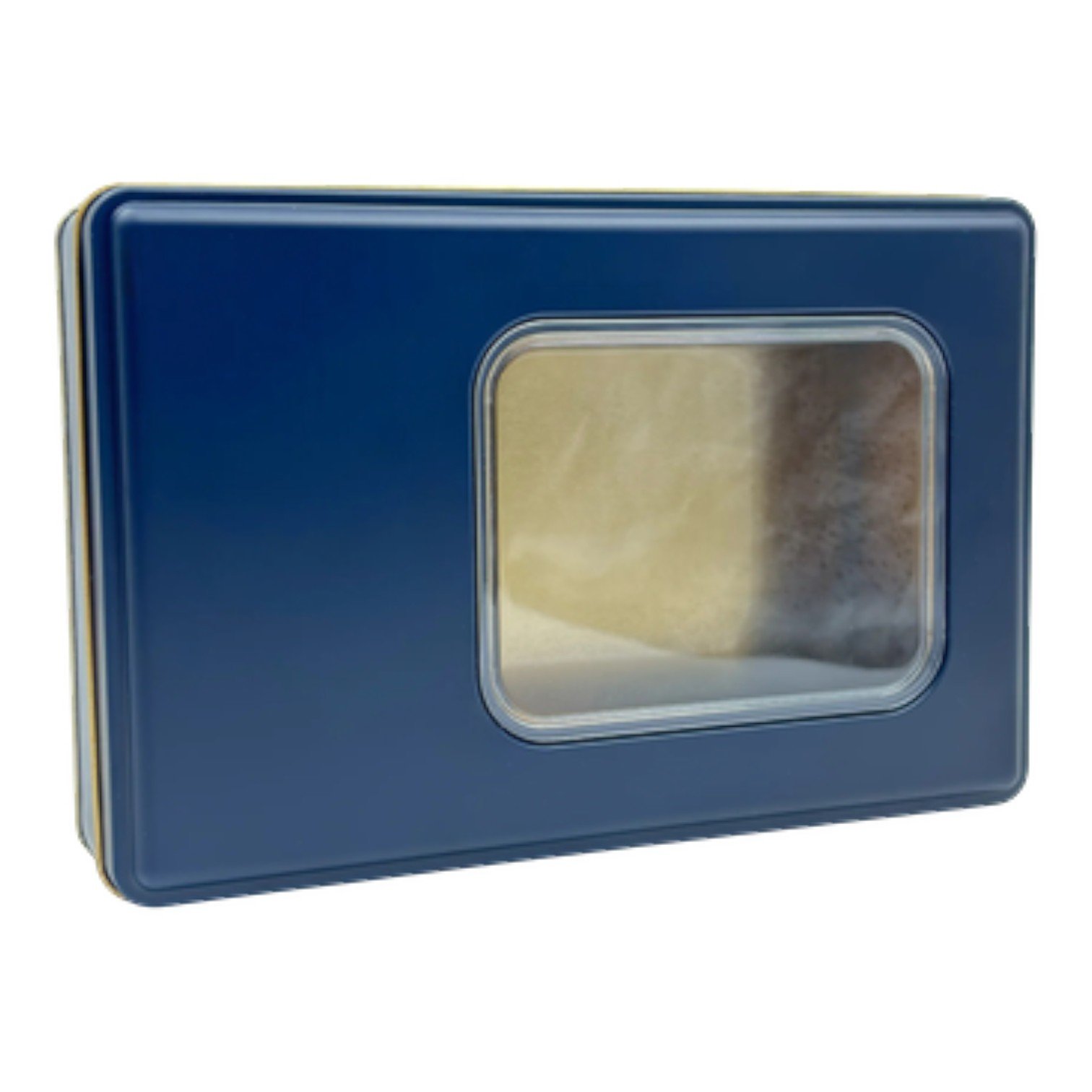 Mat Lacivert Dikdörtgen Metal Kutu | Pencereli, Özel Baskılı (170x260x45 mm) — UV Baskı Kutular — Tinbox