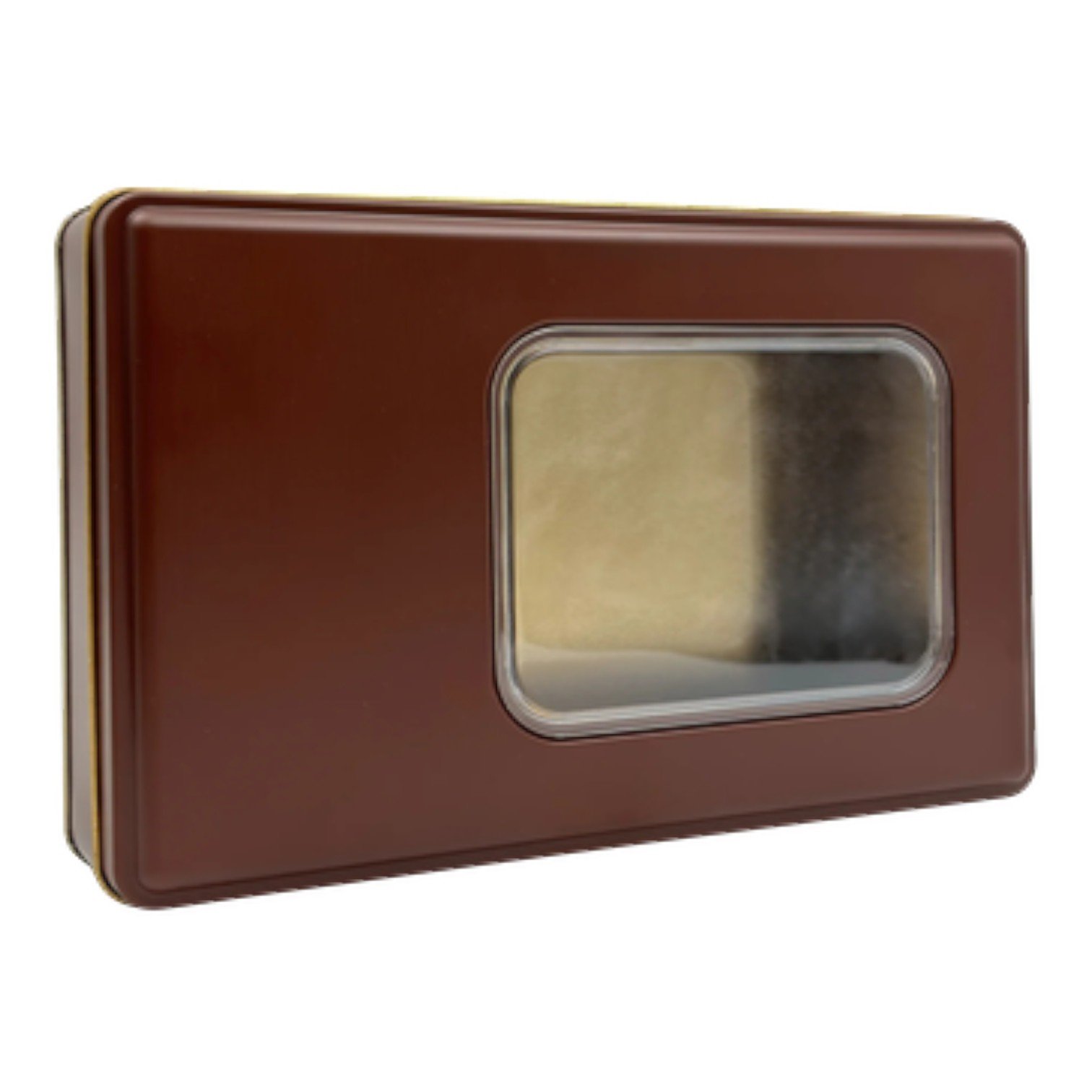 Kahverengi Dikdörtgen Metal Kutu | Pencereli, Özel Baskılı (170x260x45 mm) — UV Baskı Kutular — Tinbox