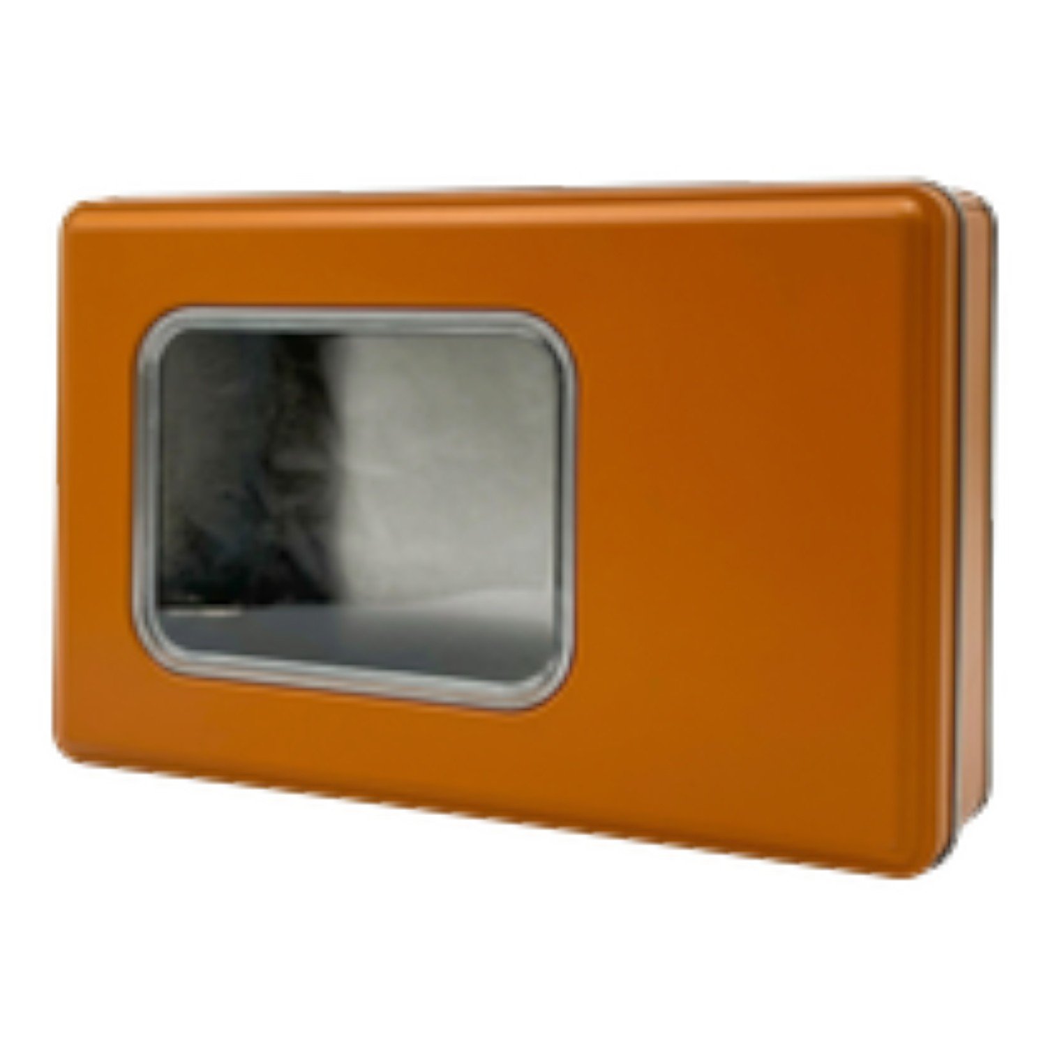 Mat Turuncu Dikdörtgen Metal Kutu | Pencereli, Özel Baskılı (170x260x45 mm) — UV Baskı Kutular — Tinbox