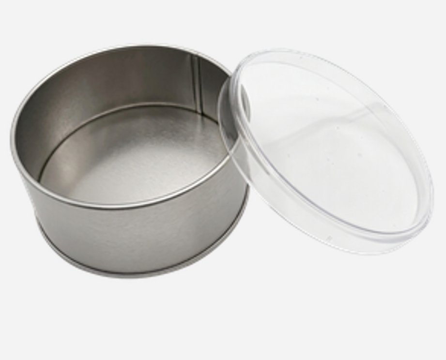 Yuvarlak Kutu,Ø99x36 mm, Kristal Kapak, 0.3 lt — Mat Silver — UV Baskı Kutular — Tinbox
