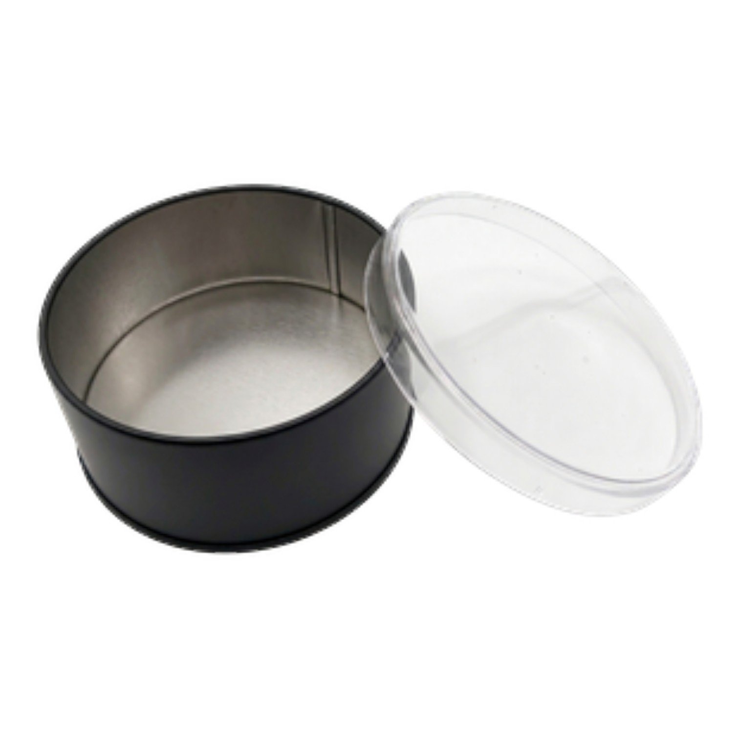 Mat Siyah Yuvarlak Metal Kutu | Şeffaf Kapaklı, Özel Baskılı (99x36 mm) — UV Baskı Kutular — Tinbox