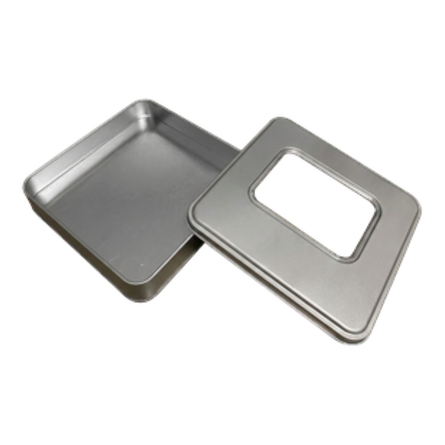 Matte Silver Square Metal Tin Box | with Window, Custom Printed (215x215x40 mm) — Digital Printed Boxes — Tinbox