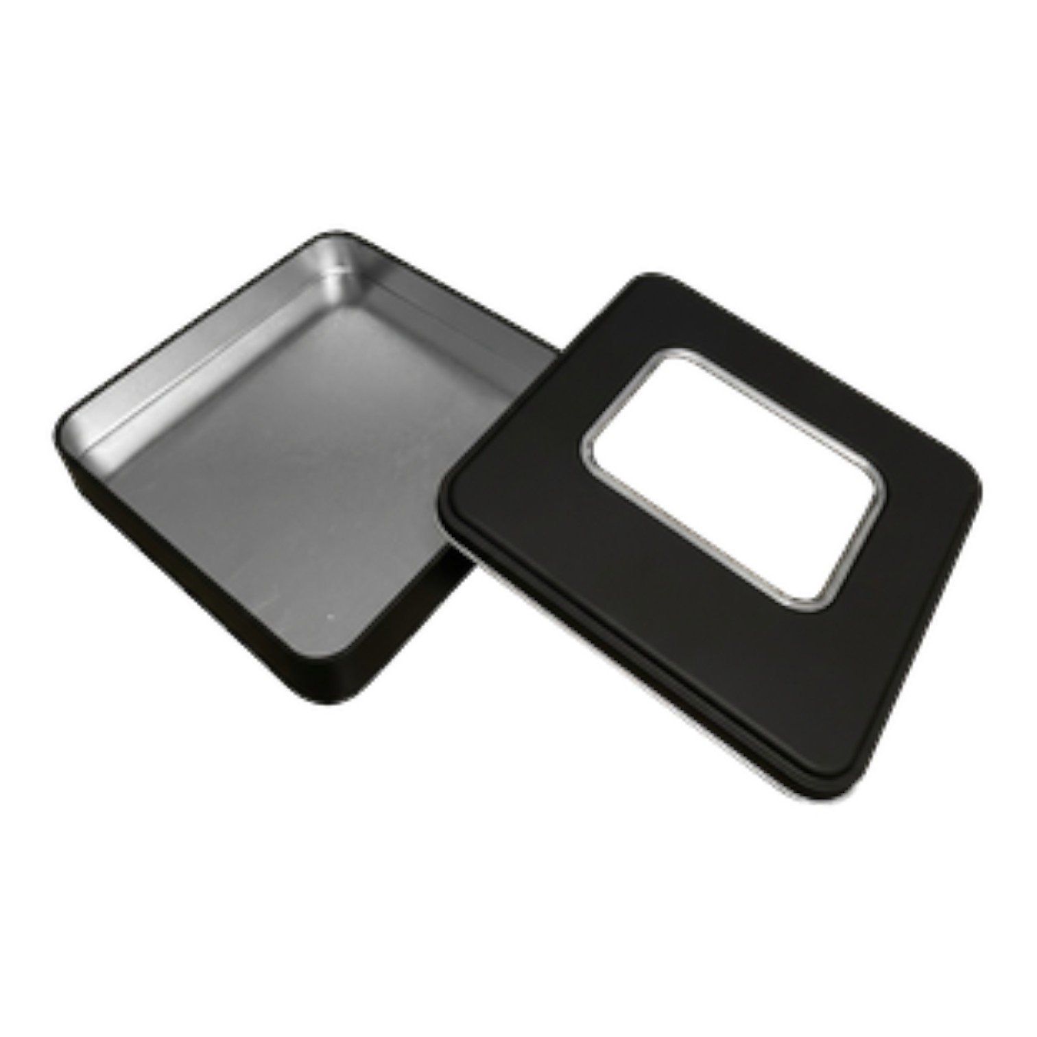 Mat Siyah Kare Metal Kutu | Pencereli, Özel Baskılı (215x215x40 mm) — UV Baskı Kutular — Tinbox