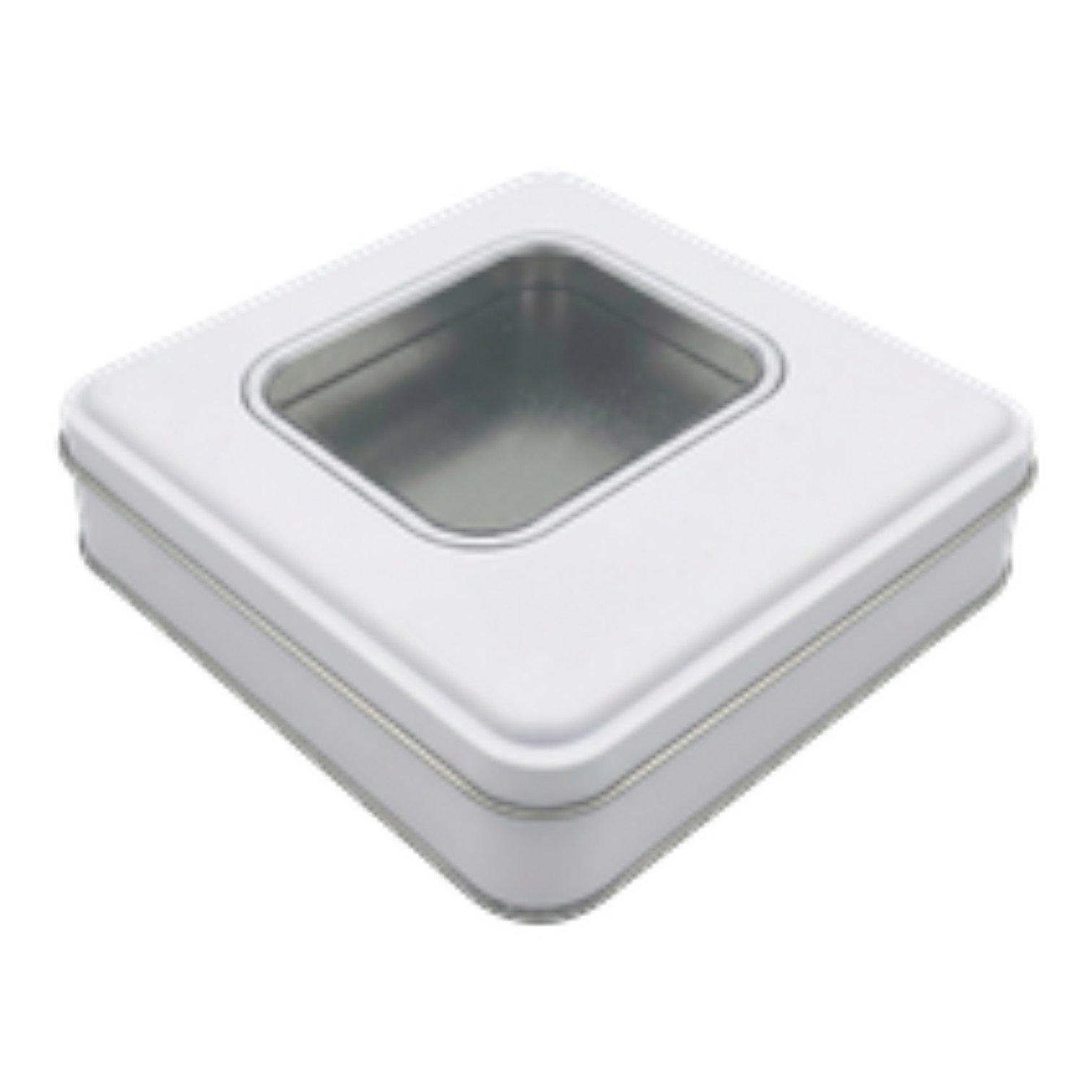 Mat Beyaz Kare Metal Kutu | Pencereli, Özel Baskılı (158x158x40 mm) — UV Baskı Kutular — Tinbox