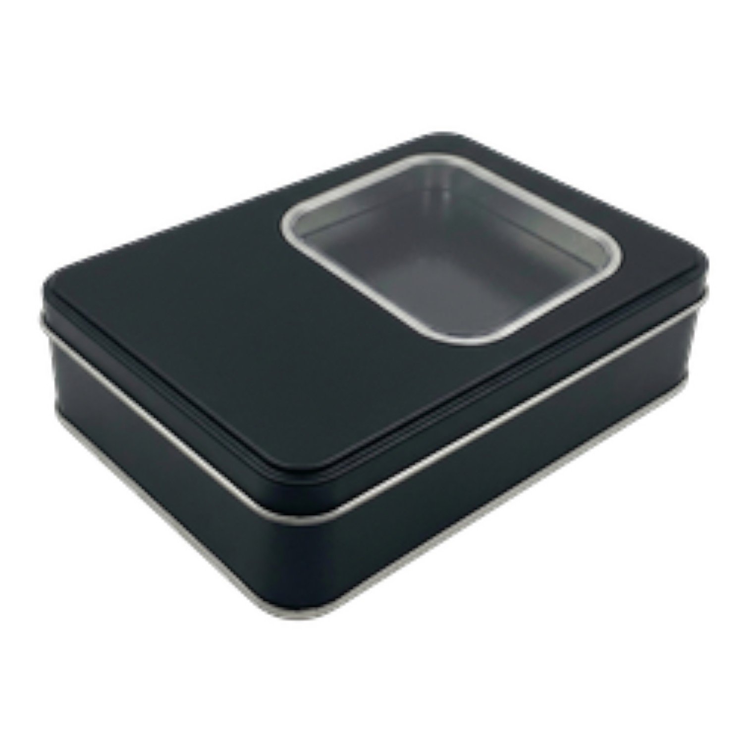 Mat Siyah Dikdörtgen Metal Kutu | Pencereli, Özel Baskılı (135x190x47 mm) — UV Baskı Kutular — Tinbox
