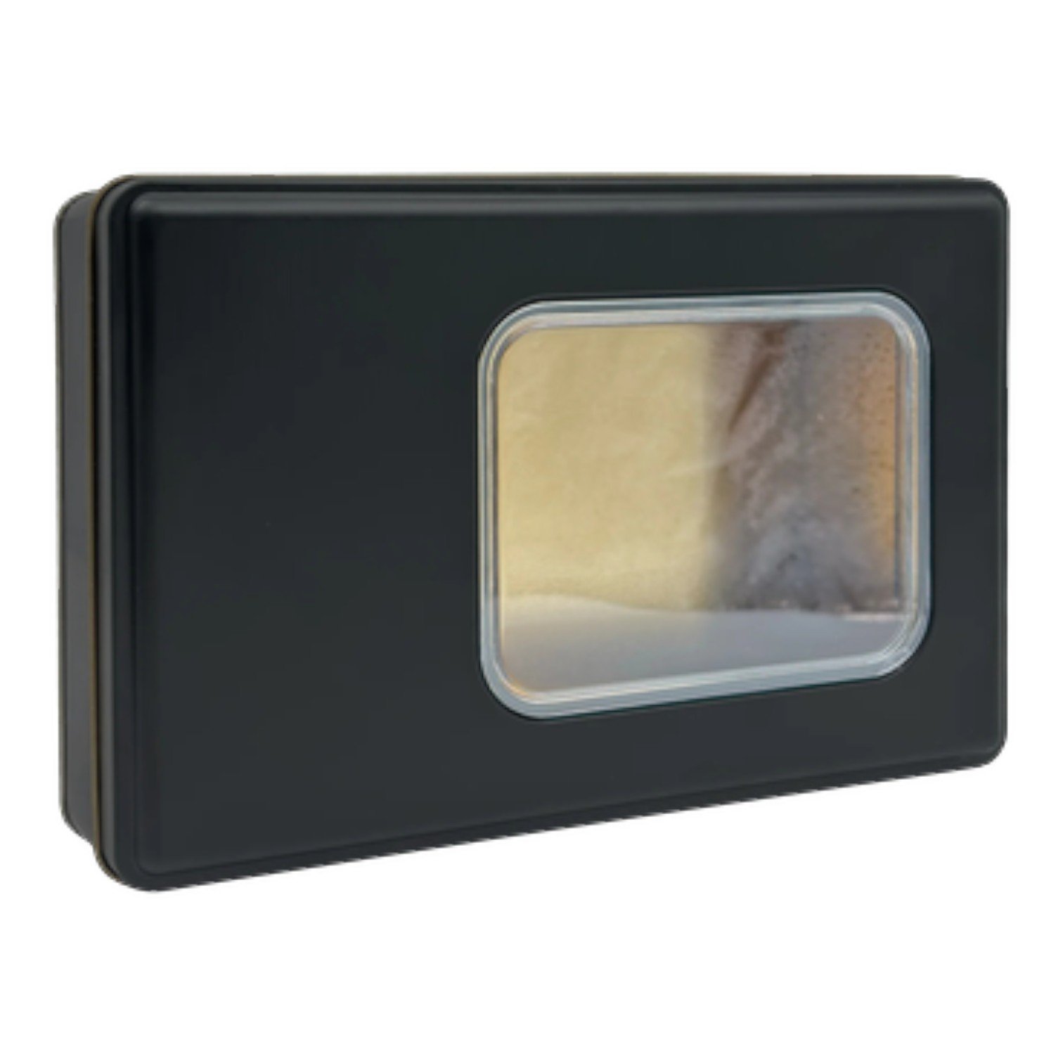 Mat Siyah Dikdörtgen Metal Kutu | Pencereli, Özel Baskılı (170x260x45 mm) — UV Baskı Kutular — Tinbox