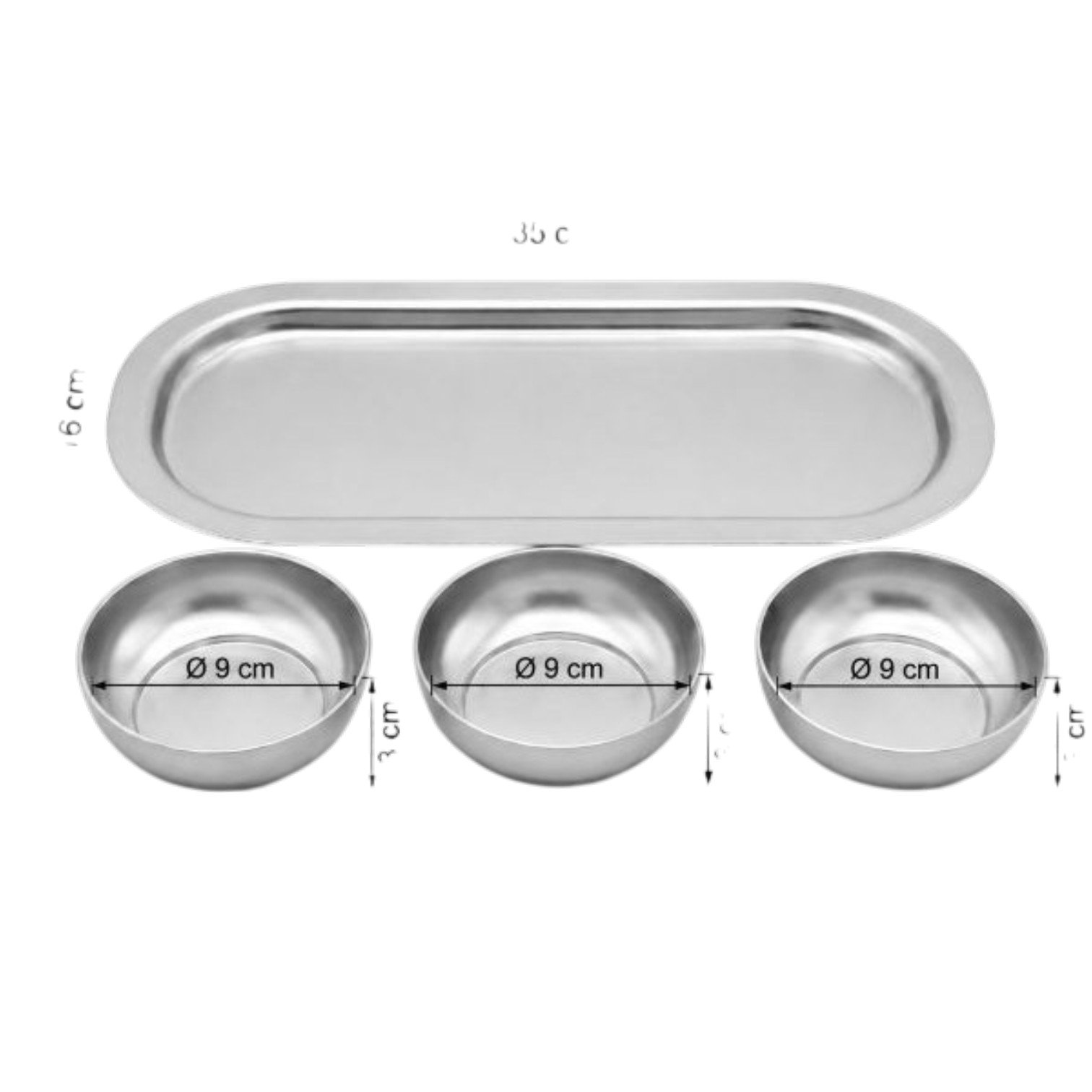 Elegant Matte Silver Rectangular Tray & 3-Piece Snack Bowl Set - 35x16 cm / Ø90 mm