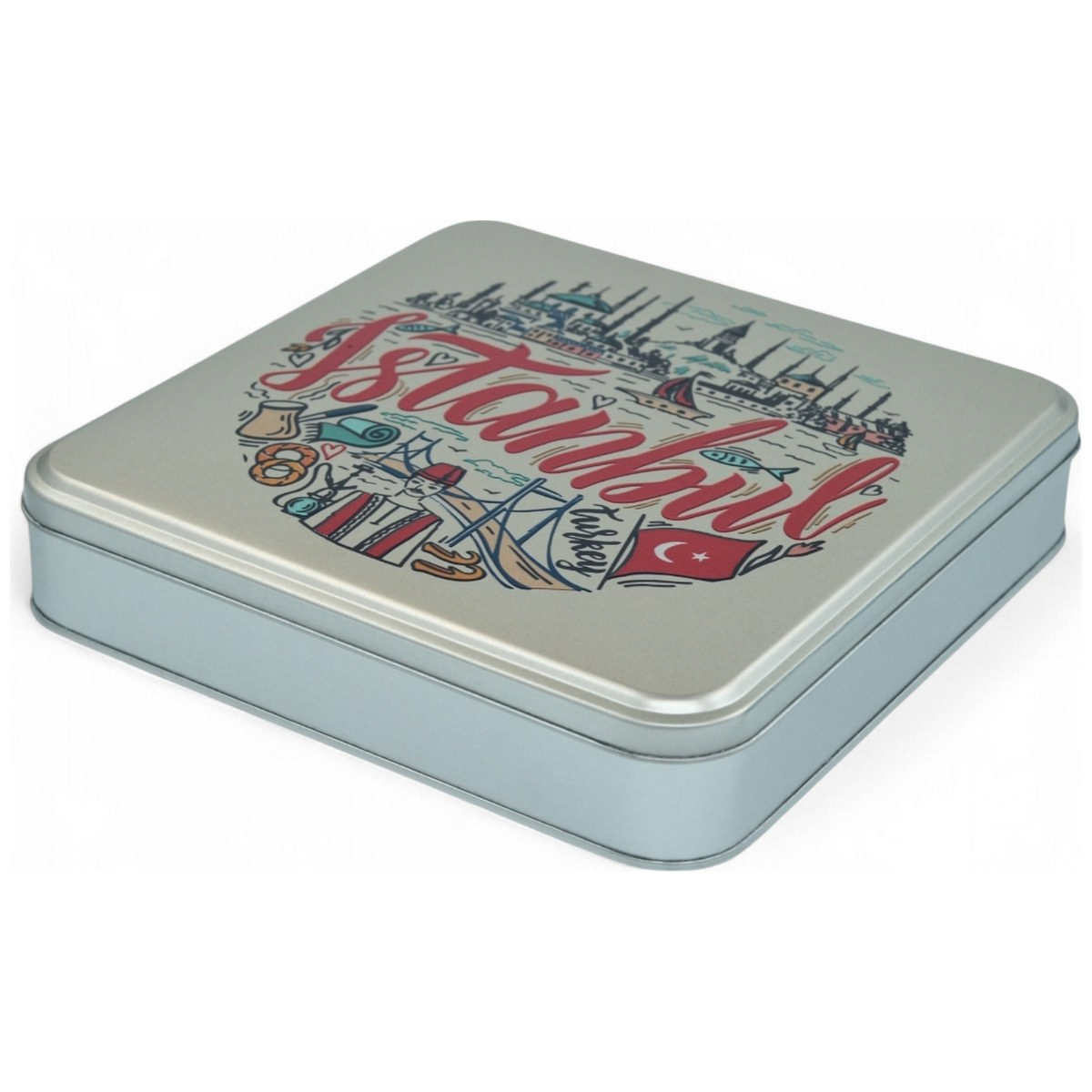 Özel Baskılı 218x218x40 mm Mat Gümüş Kare Teneke Kutu — UV Baskı Kutular — görsel 2 / 5 — Tinbox