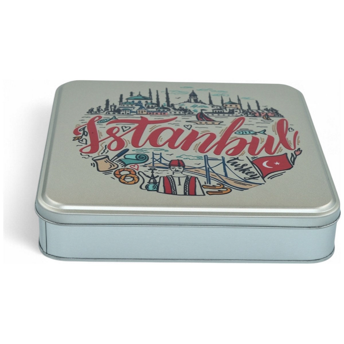 Özel Baskılı 218x218x40 mm Mat Gümüş Kare Teneke Kutu — UV Baskı Kutular — görsel 3 / 5 — Tinbox