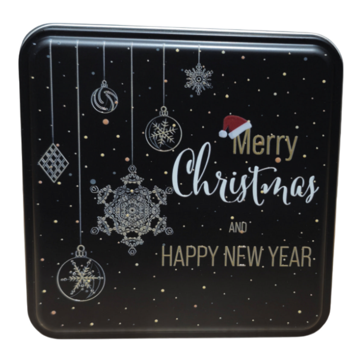 Özel Baskılı 218x218x40 mm Mat Siyah Kare Teneke Kutu — UV Baskı Kutular — Tinbox