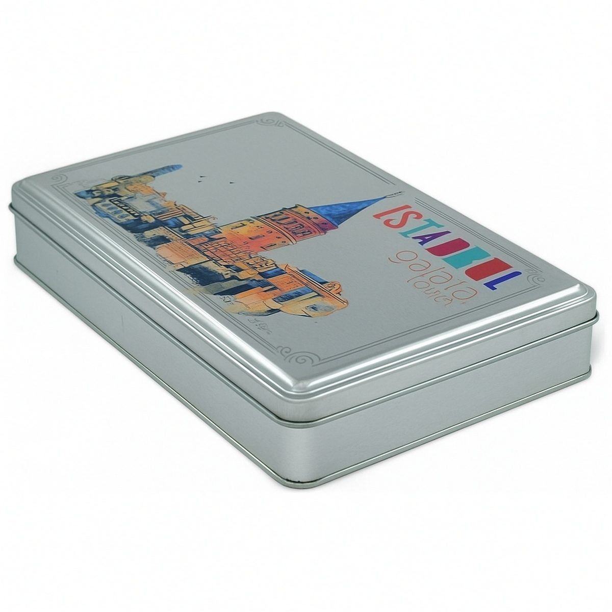 Özel Baskılı 170x260x40 mm Mat Gümüş Dikdörtgen Teneke Kutu — UV Baskı Kutular — görsel 4 / 5 — Tinbox
