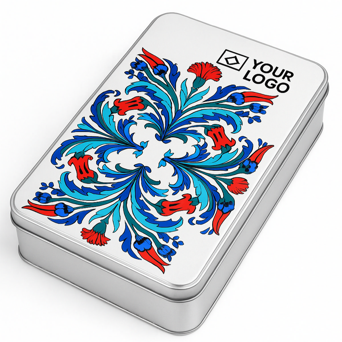 Custom Printed 140x240x45 mm Matte Silver Rectangular Tin Box — Digital Printed Boxes — Tinbox