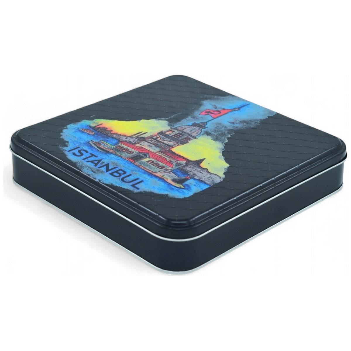 Özel Baskılı 158x158x40 mm Mat Siyah Kare Teneke Kutu — UV Baskı Kutular — görsel 4 / 5 — Tinbox