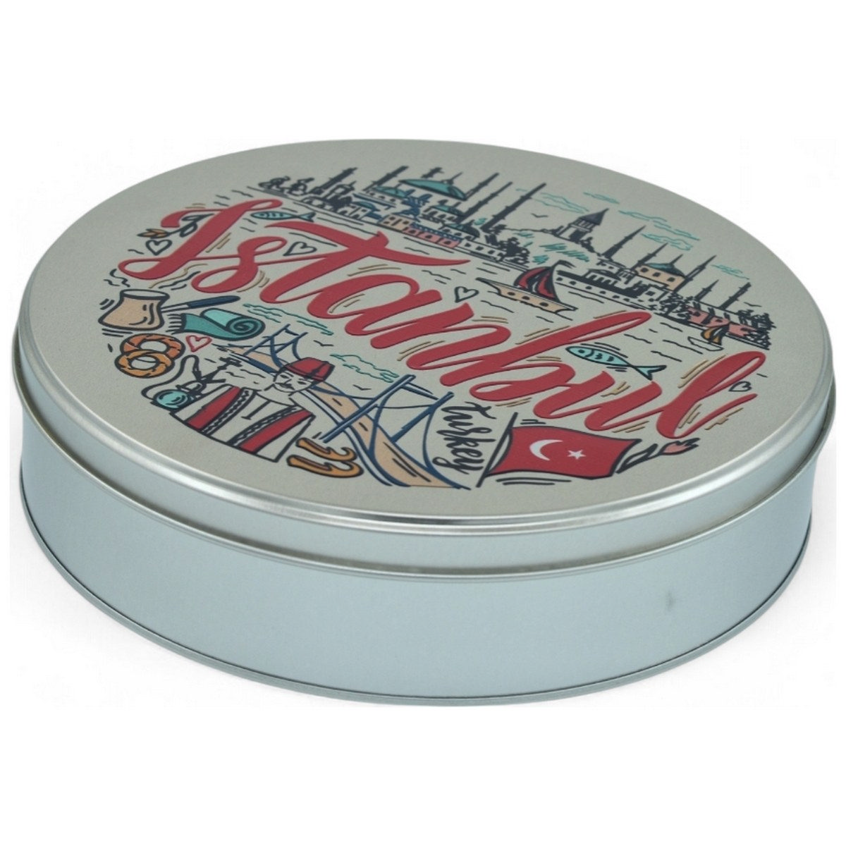 Özel Baskılı Çap 215 x Y 55 mm Mat Gümüş Yuvarlak Teneke Kutu — UV Baskı Kutular — görsel 4 / 5 — Tinbox