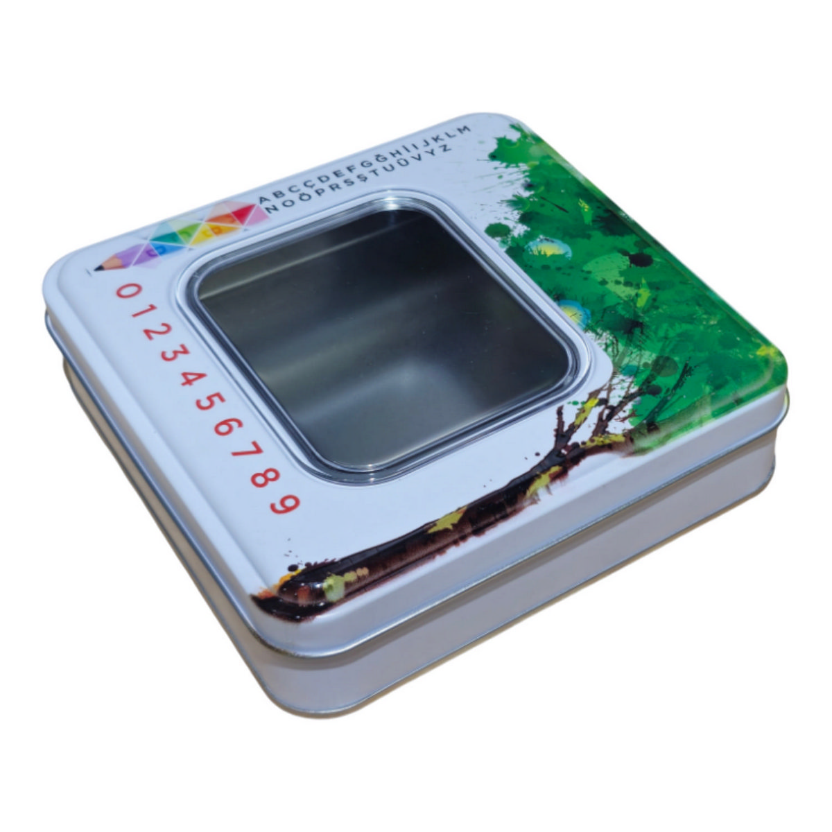 Özel Baskılı 160x160x40 mm Gümüş Kare Teneke Kutu, Pencereli — UV Baskı Kutular — Tinbox