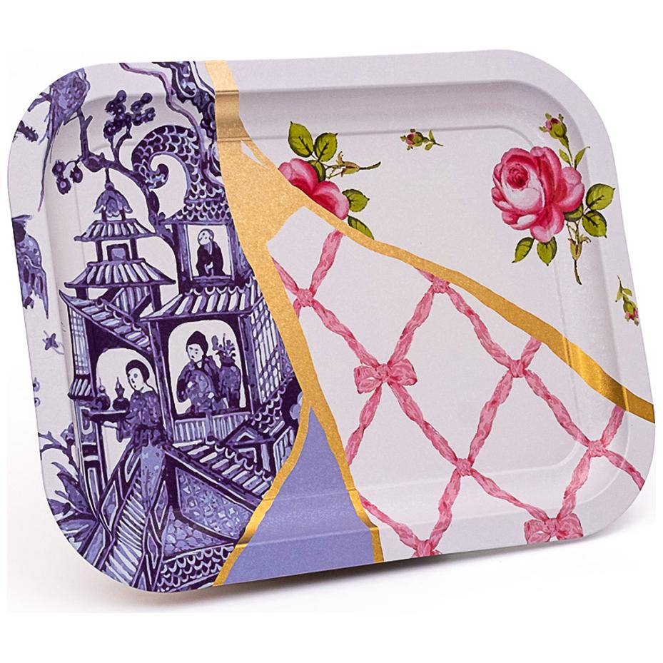 233 x 307 mm Dikdörtgen Metal Tepsi Kintsugi Altın Damarlı Çiçek — Tepsiler — Tinbox