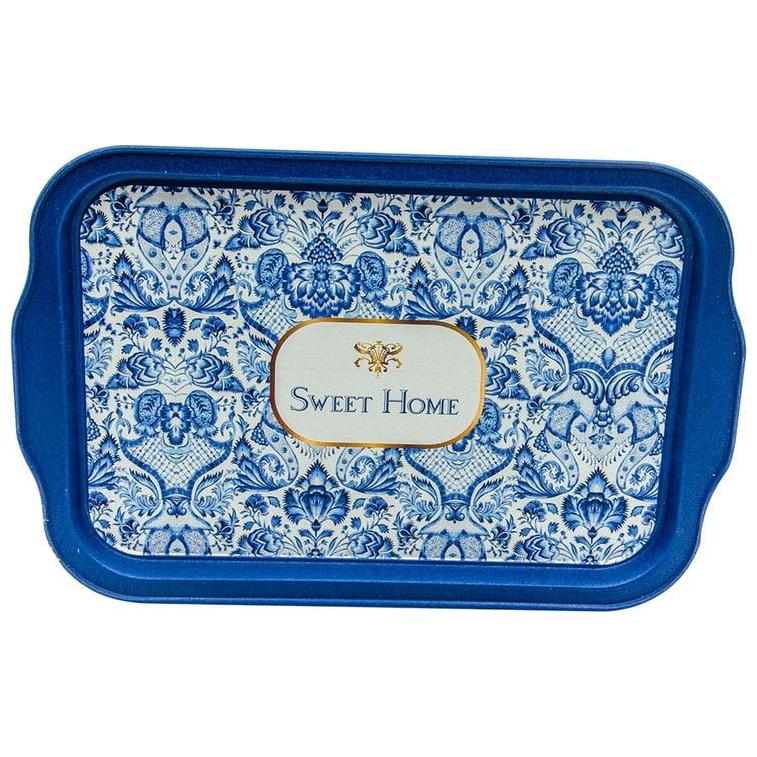 215x316 mm Dikdörtgen Metal Tepsi Kulpu, Azulejo Esintili Mavi ve Beyaz Dekoratif Desen — Tepsiler — görsel 2 / 3 — Tinbox