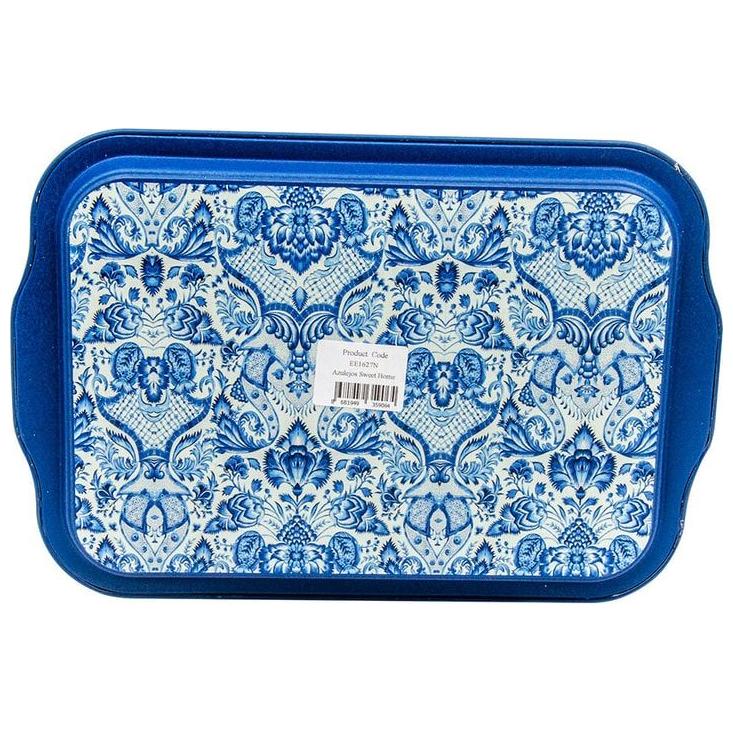 215x316 mm Dikdörtgen Metal Tepsi Kulpu, Azulejo Esintili Mavi ve Beyaz Dekoratif Desen — Tepsiler — görsel 3 / 3 — Tinbox