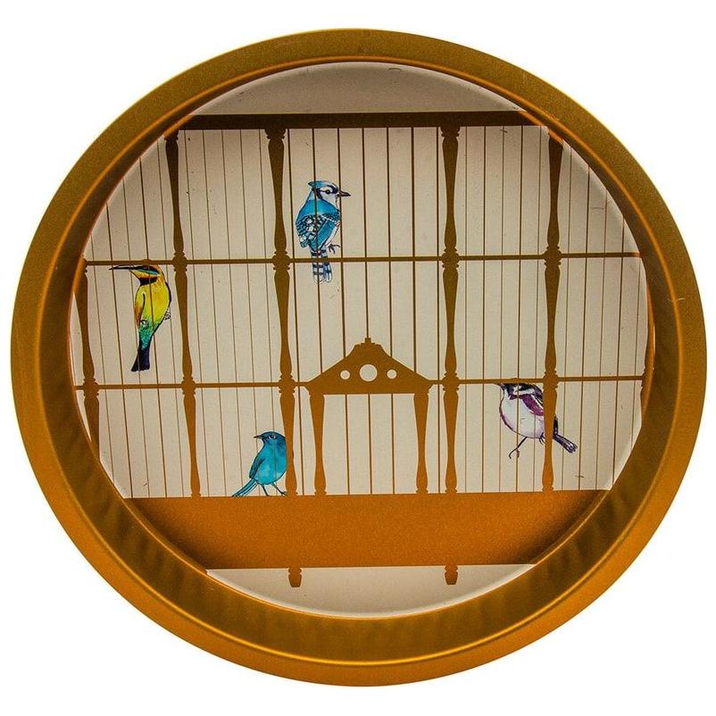 Ø370 mm Yuvarlak Metal Tepsi, Renkli Kuşlarla Süslü Vintage Kuş Kafesi İllüstrasyonu — Tepsiler — görsel 2 / 2 — Tinbox
