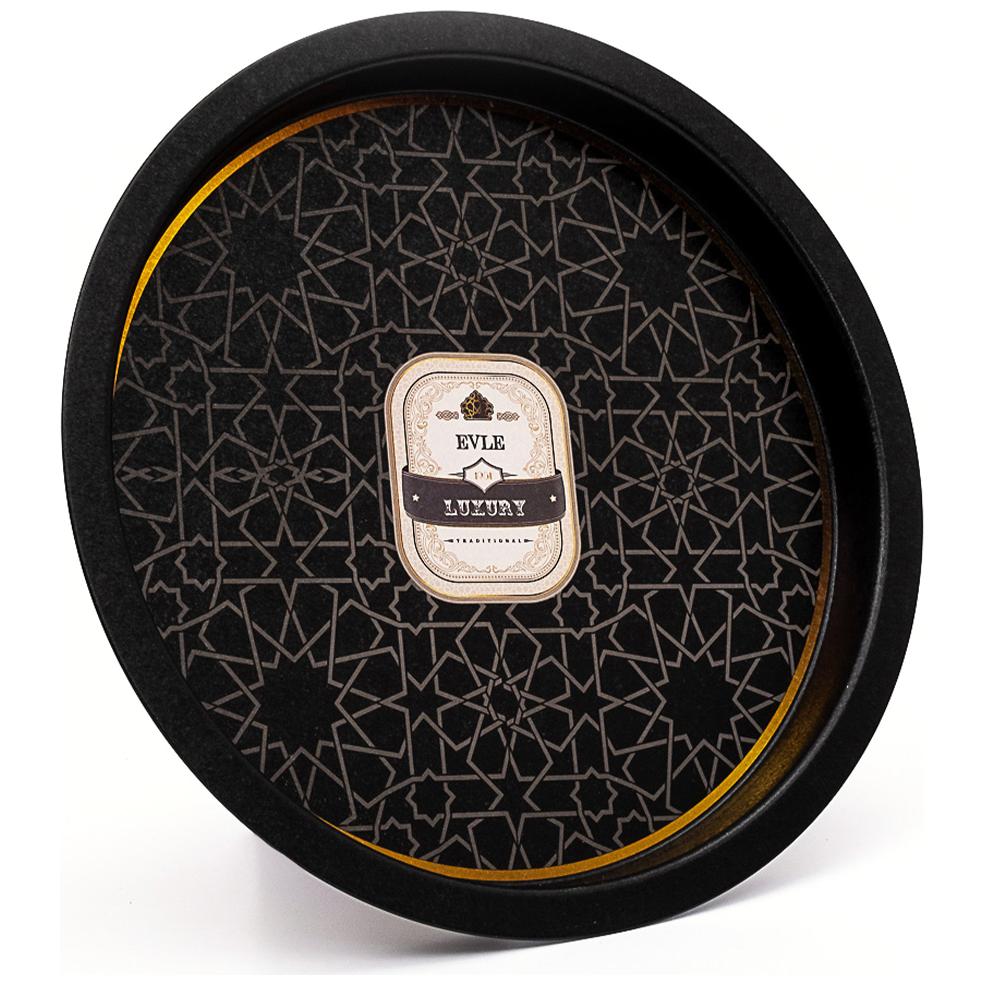 Ø370 mm Yuvarlak Metal Tepsi, altın geometrik desenli, siyah zeminli — Tepsiler — görsel 2 / 3 — Tinbox