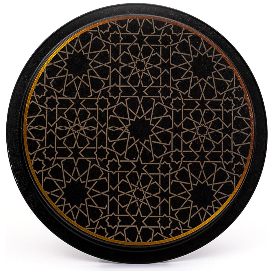 Ø370 mm Yuvarlak Metal Tepsi, altın geometrik desenli, siyah zeminli — Tepsiler — görsel 3 / 3 — Tinbox