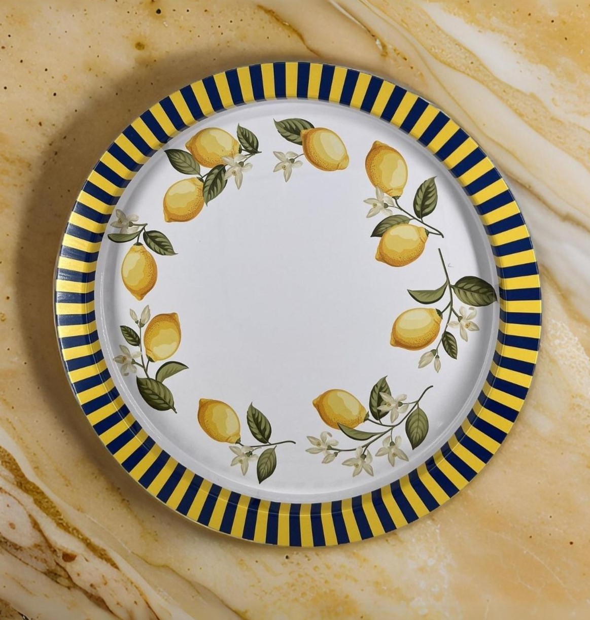 Ø370 mm Round Metal Tray Mediterranean Lemon Grove Design — Trays — Tinbox